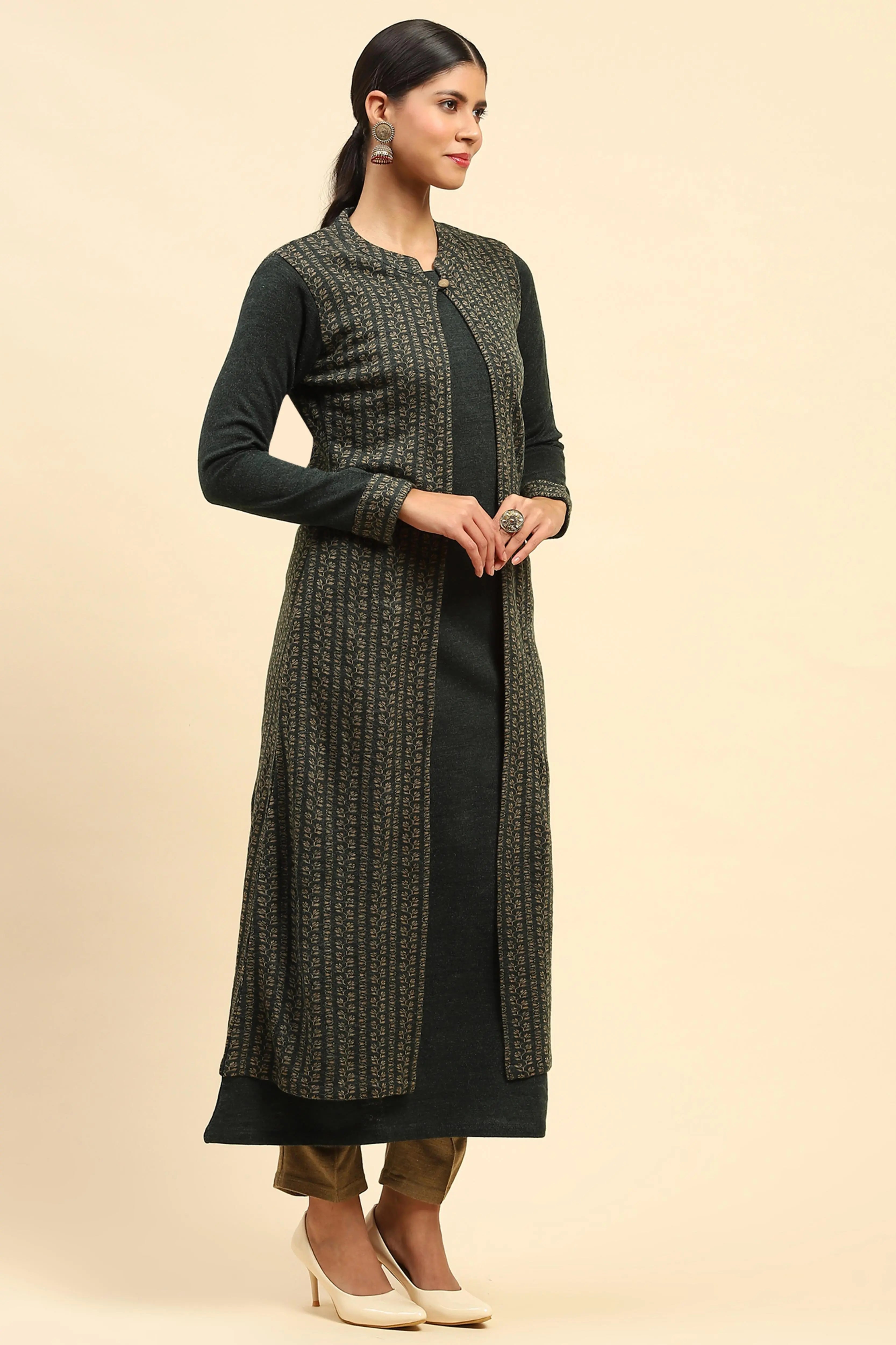 Olive Woolen Knitted Layered Round Neck Button Kurta - Global Republic