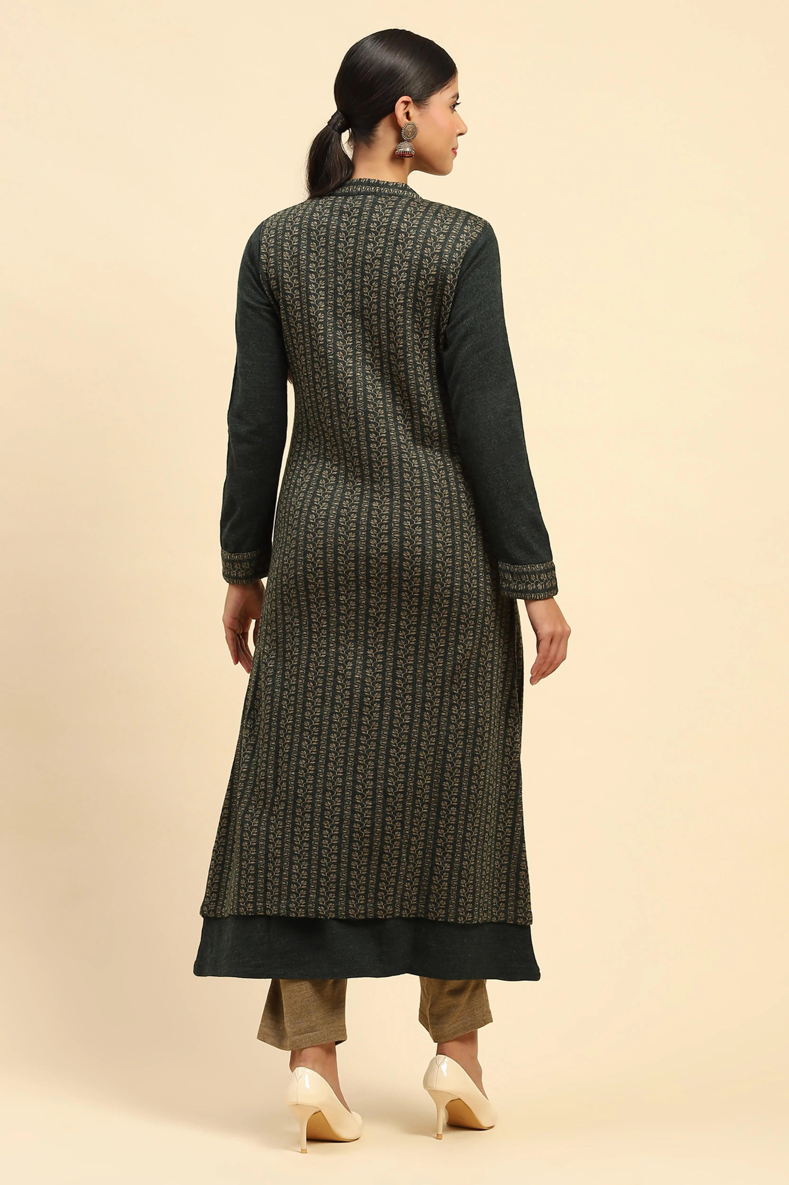 Olive Woolen Knitted Layered Round Neck Button Kurta - Global Republic