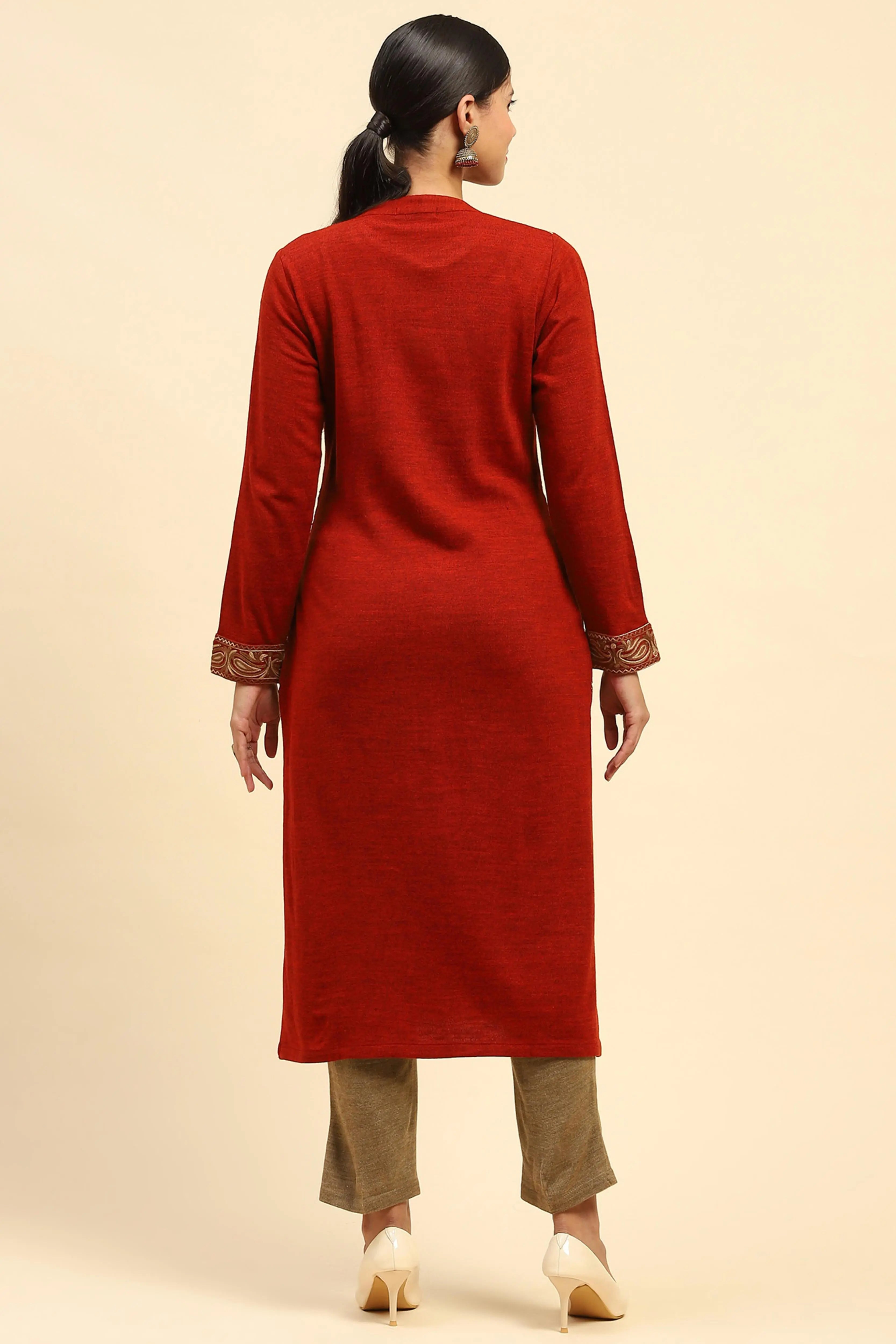 Rust Woolen Thread Embroidered Kurta - Global Republic