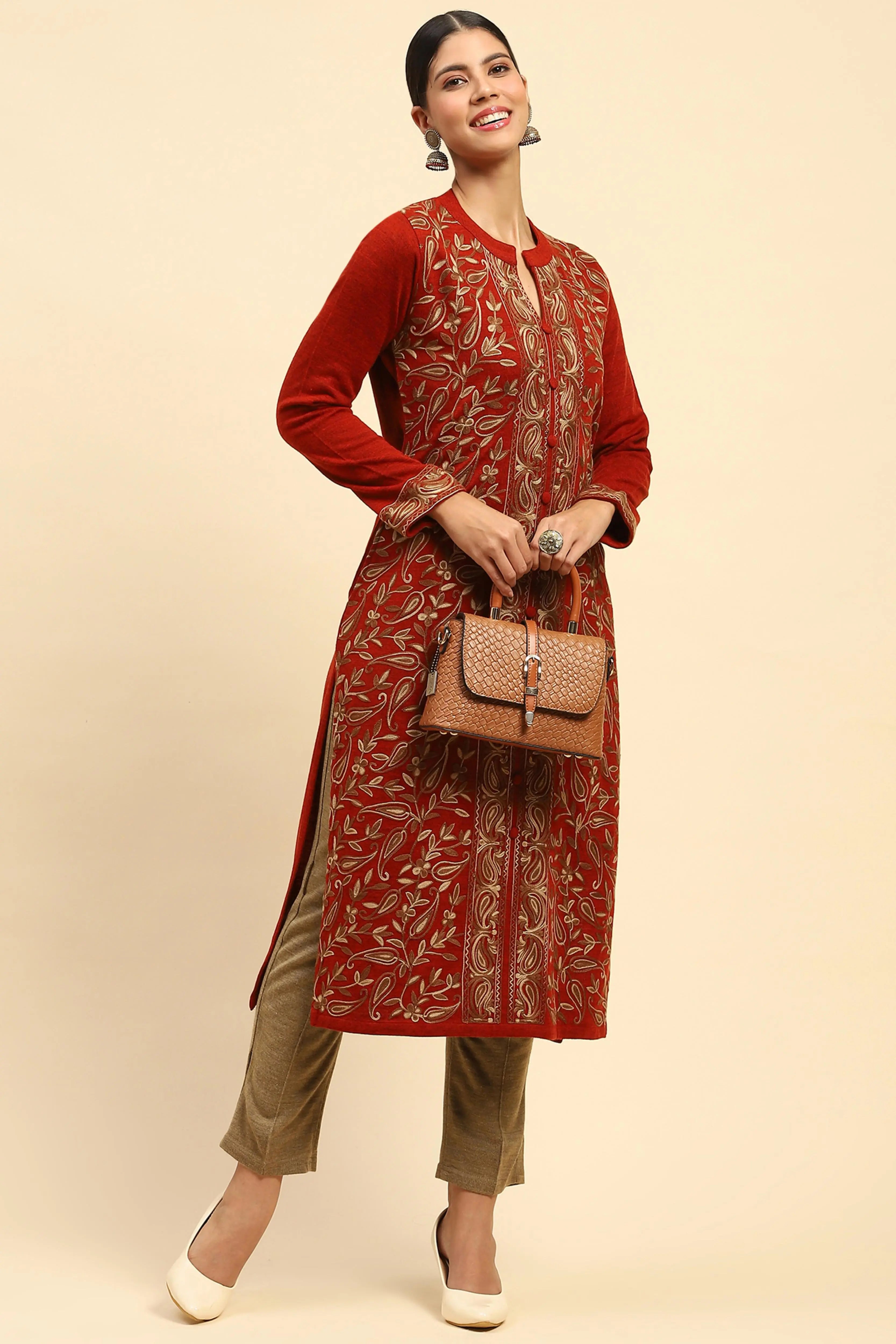 Rust Woolen Thread Embroidered Kurta - Global Republic