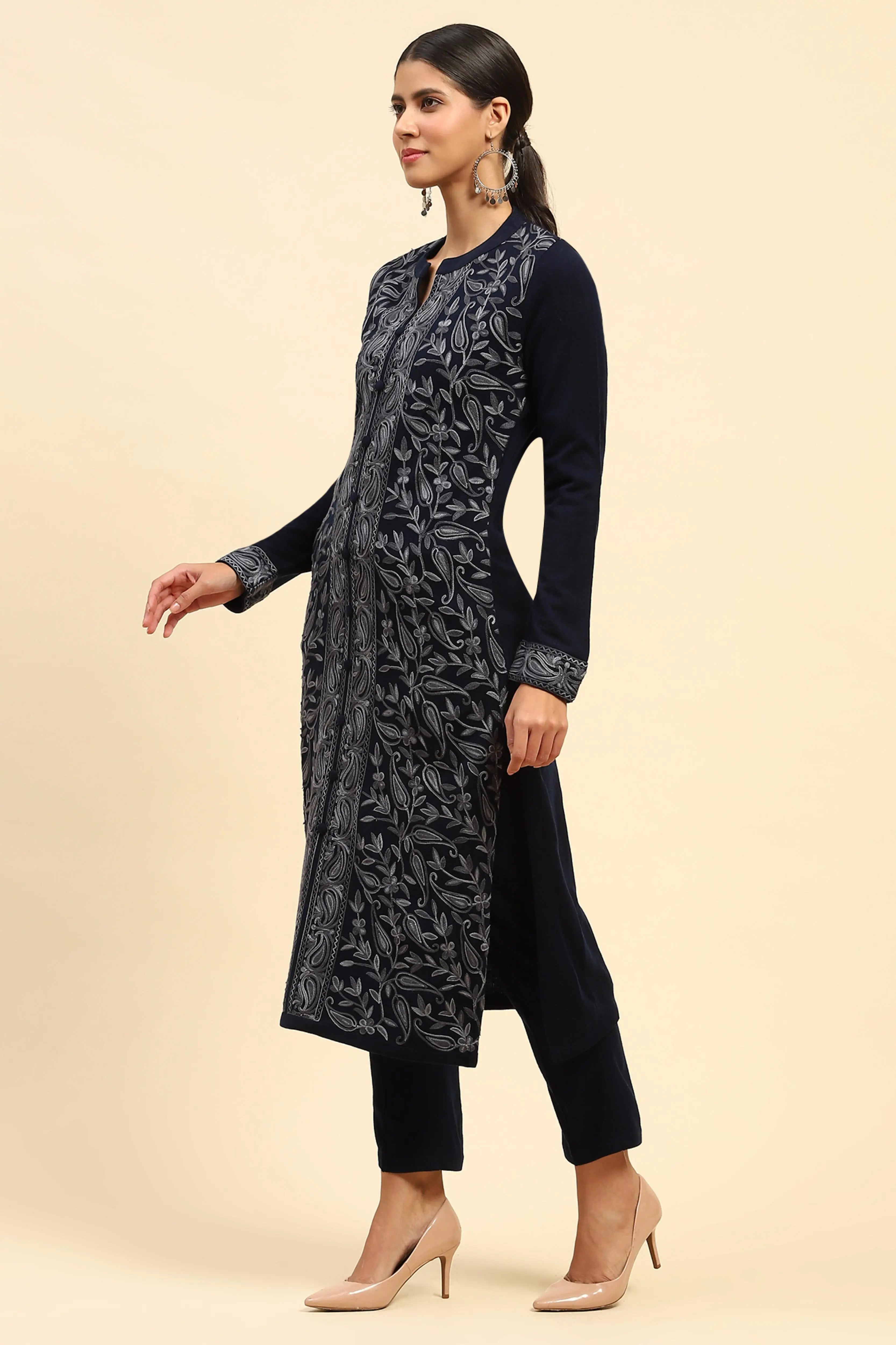Navy Blue Woolen Thread Embroidered Notch Neck Kurta - Global Republic