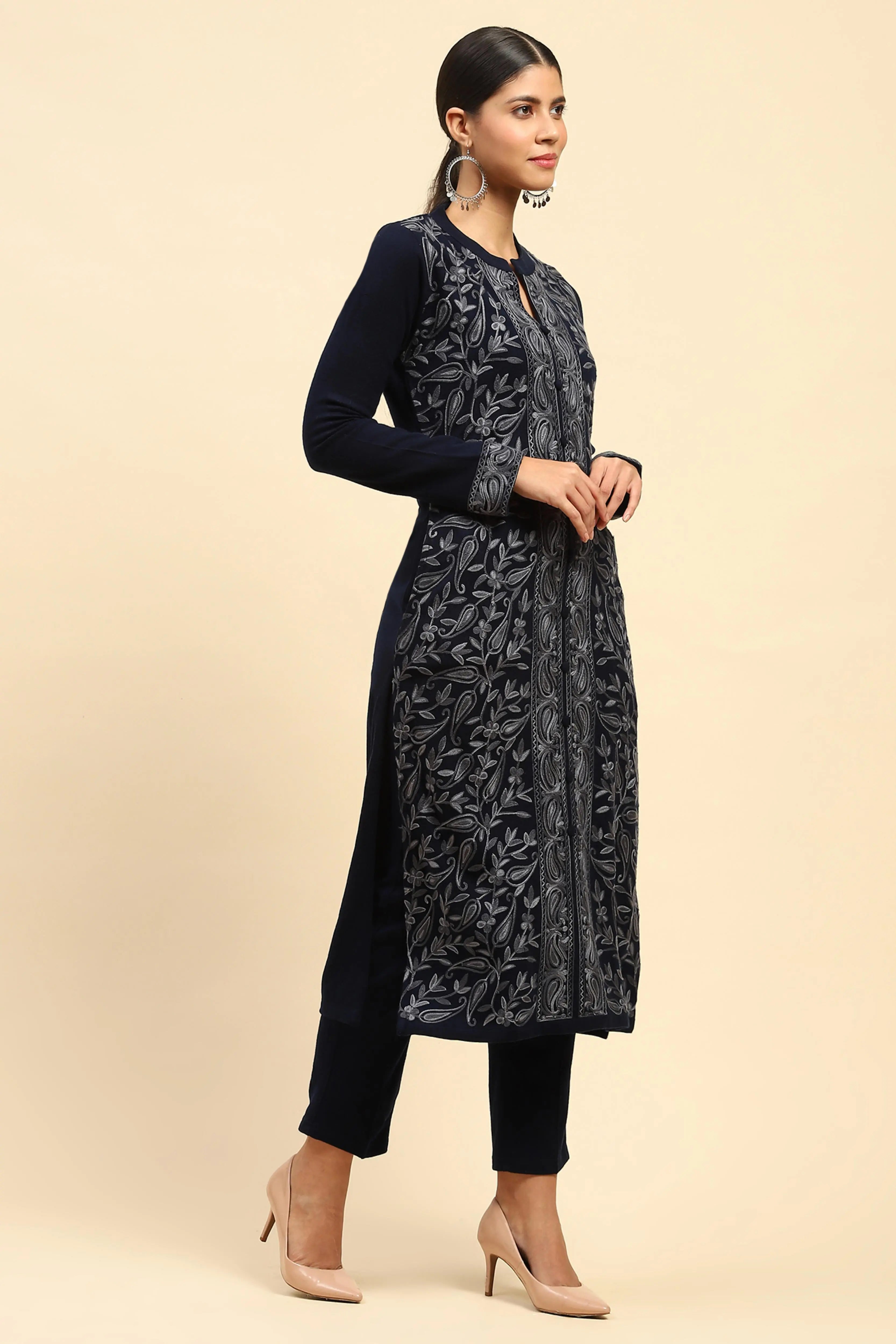 Navy Blue Woolen Thread Embroidered Notch Neck Kurta - Global Republic
