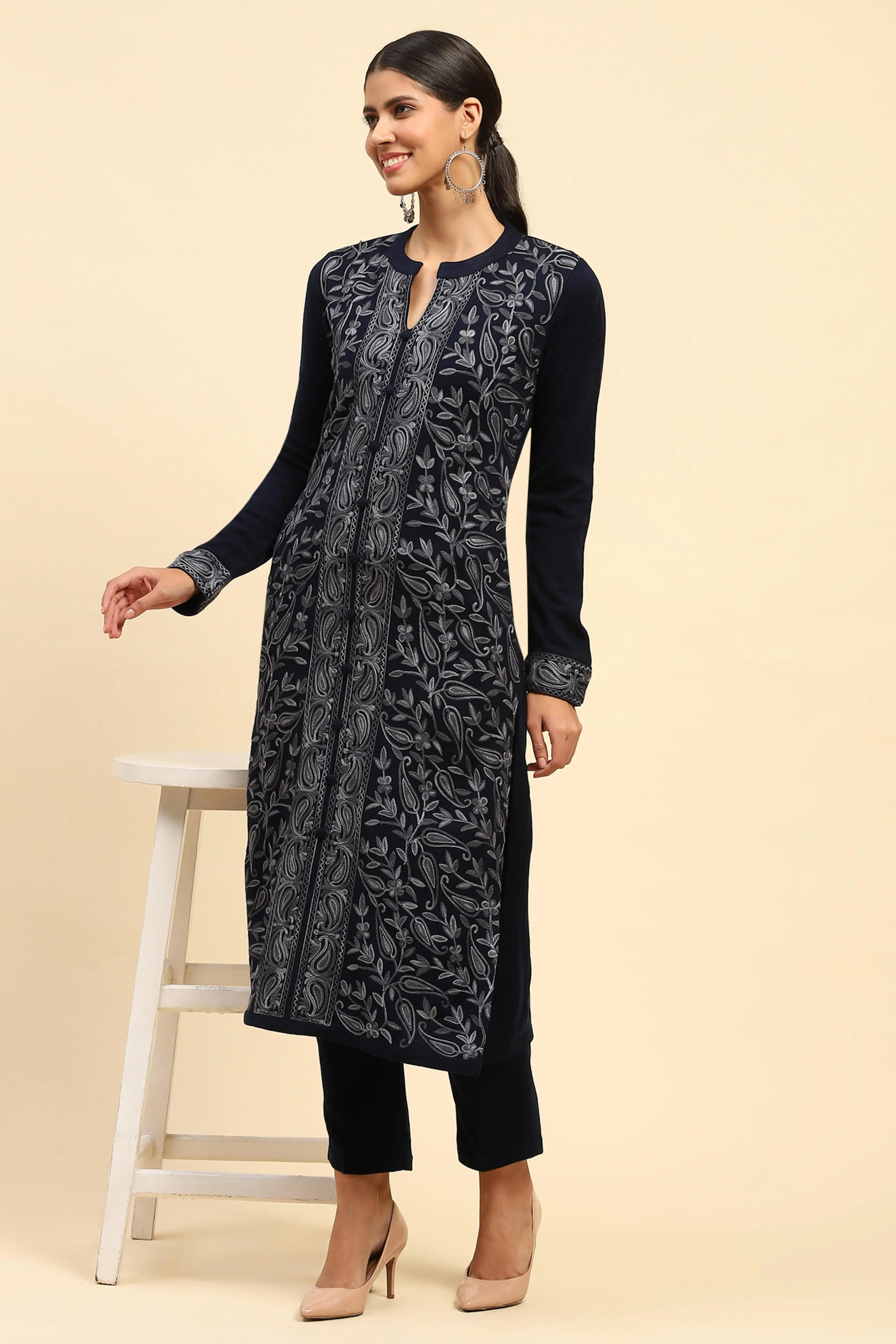 Navy Blue Woolen Thread Embroidered Notch Neck Kurta - Global Republic