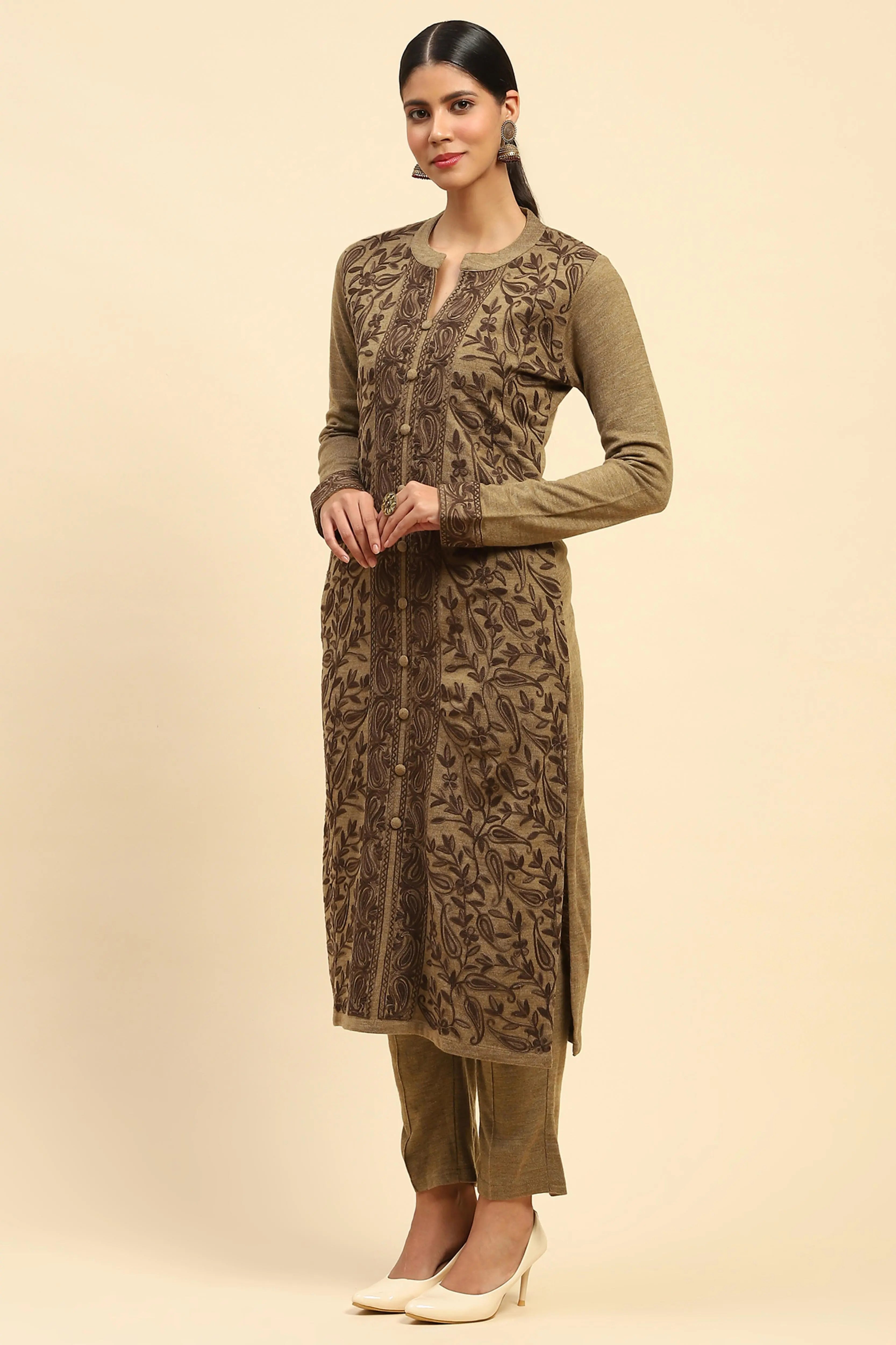 Beige Woolen Embroidered Kurta - Global Republic