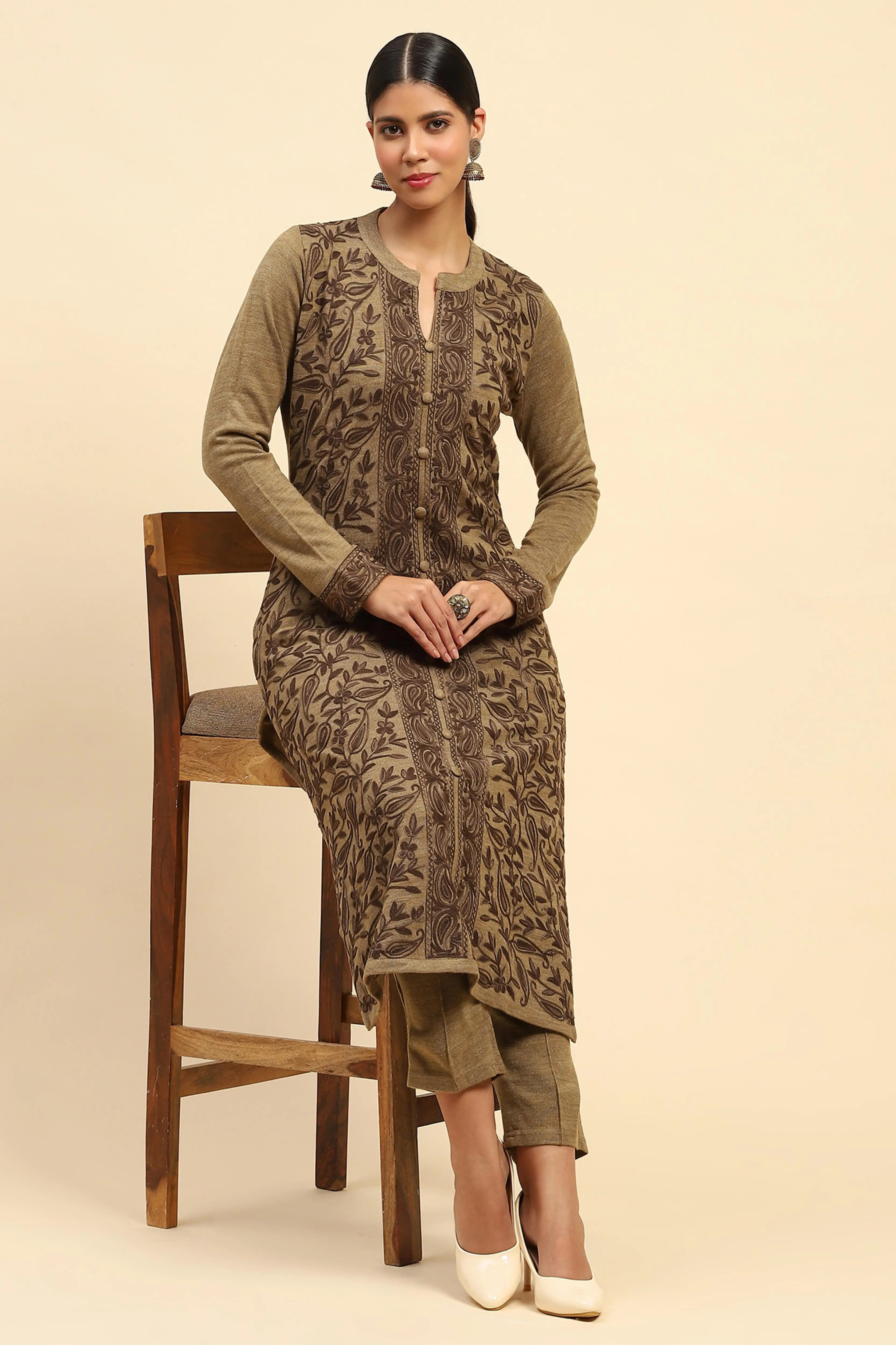 Beige Woolen Embroidered Kurta - Global Republic