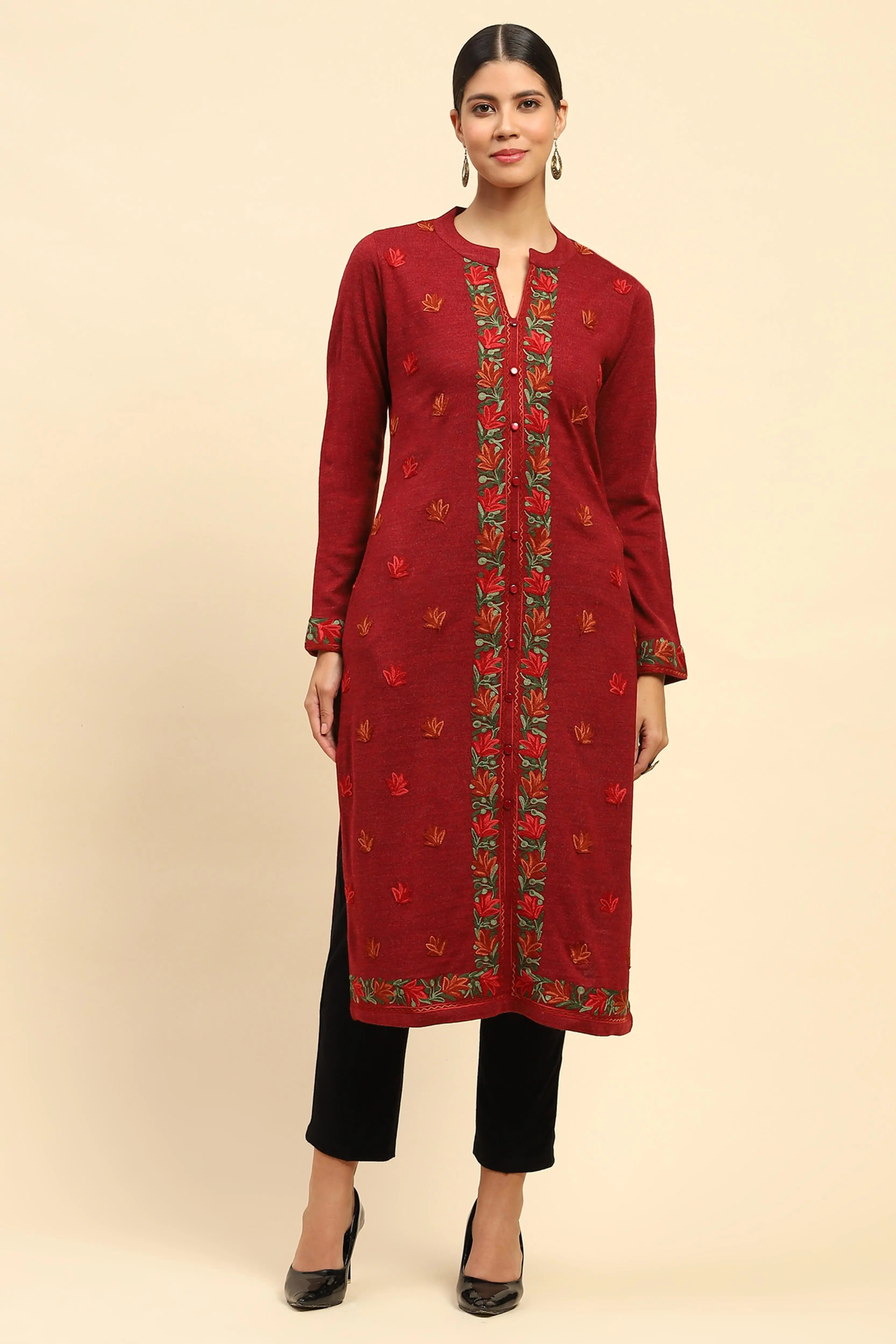 Rust Woolen Embroidered Kurta - Global Republic