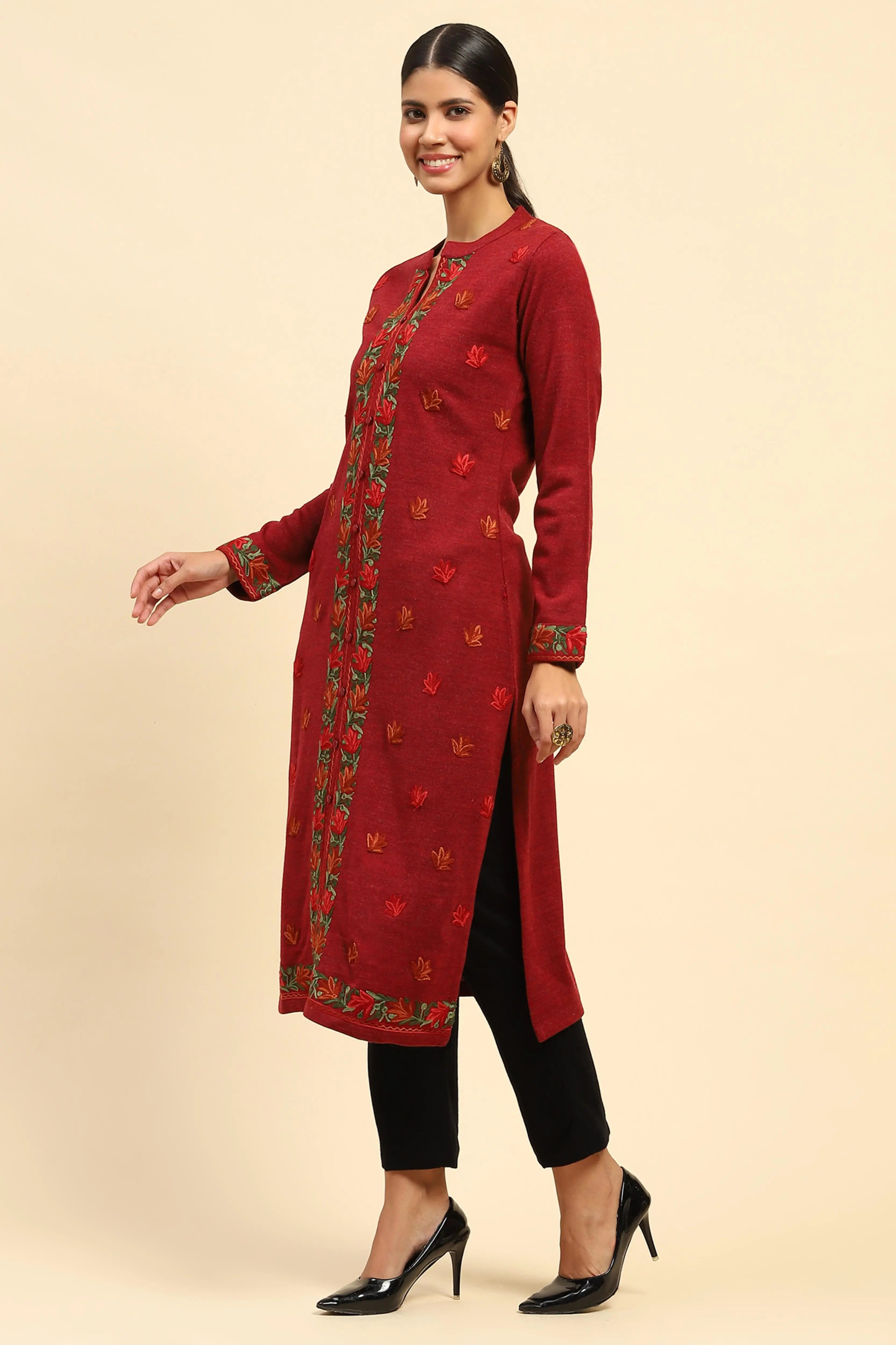Rust Woolen Embroidered Kurta - Global Republic