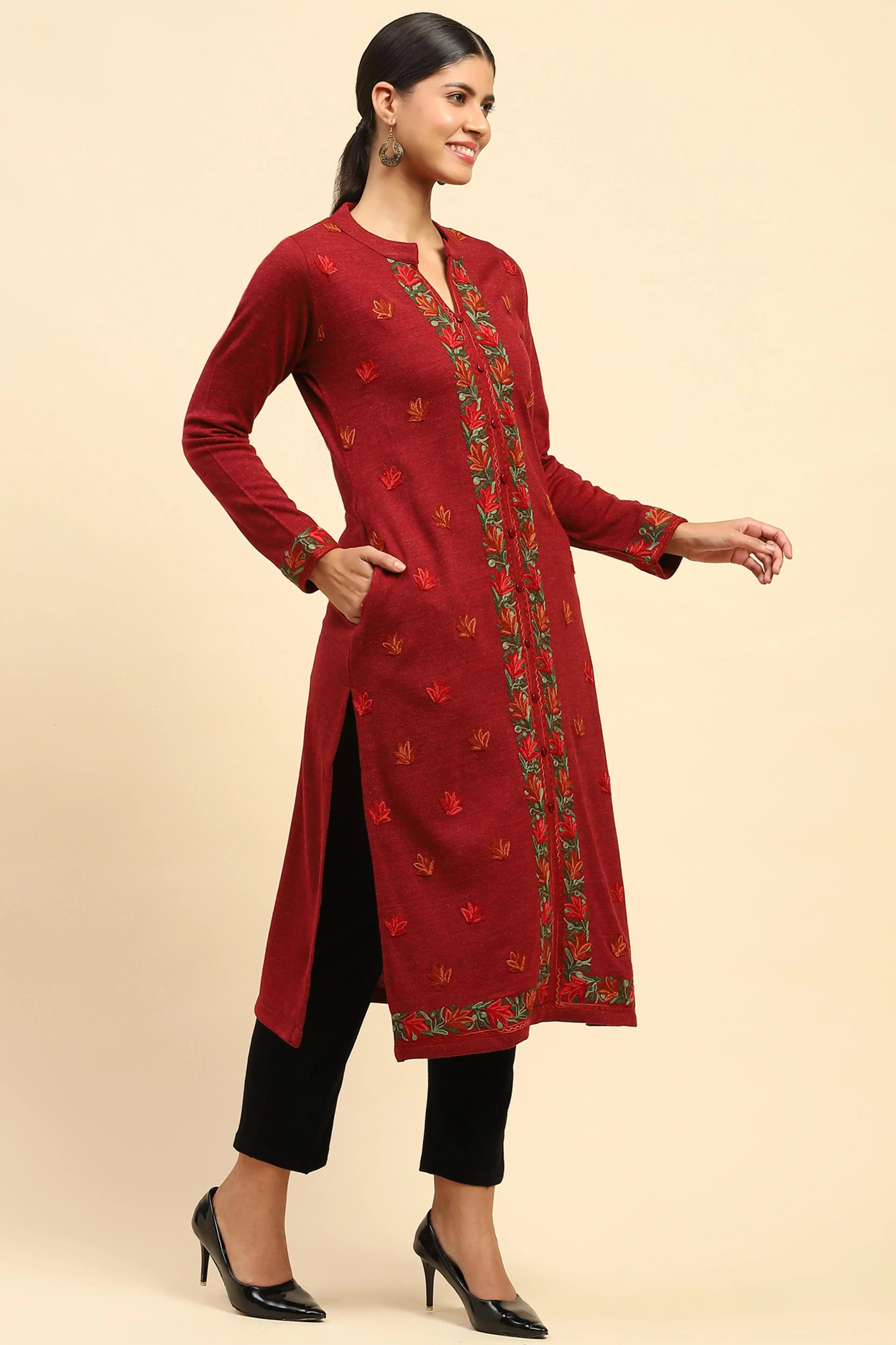 Rust Woolen Embroidered Kurta - Global Republic