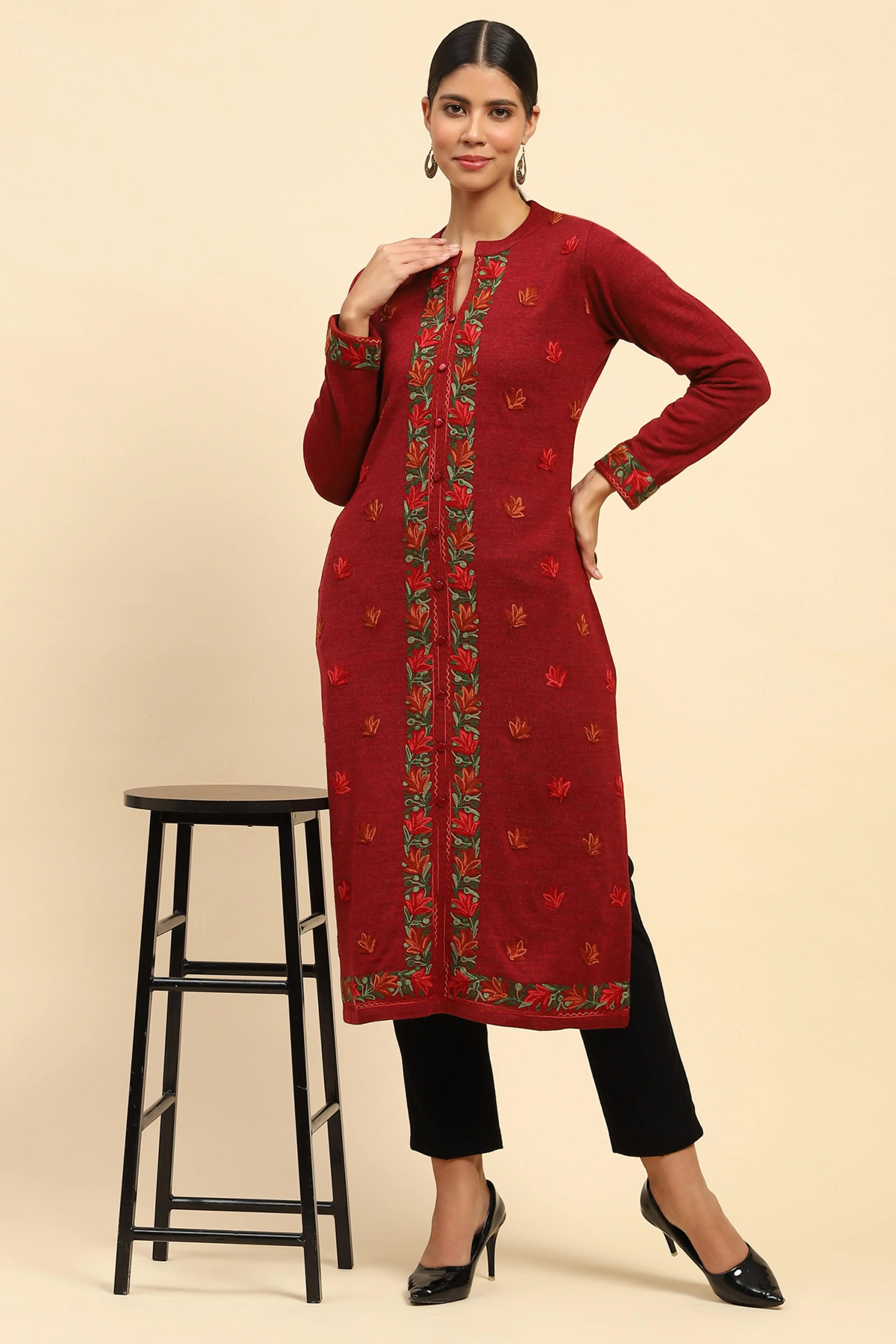 Rust Woolen Embroidered Kurta - Global Republic