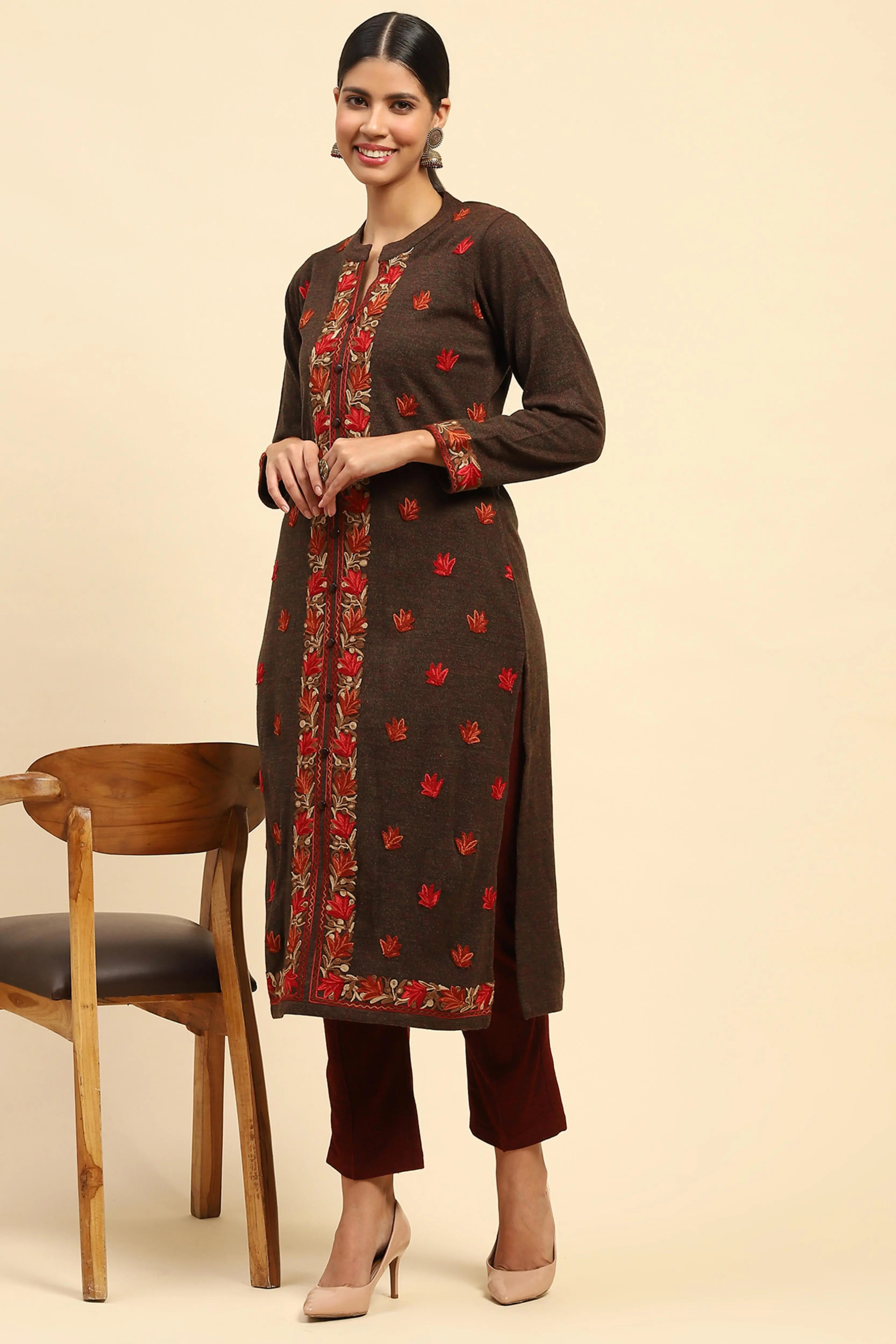 Dark Rust Woolen Embroidered kurta - Global Republic