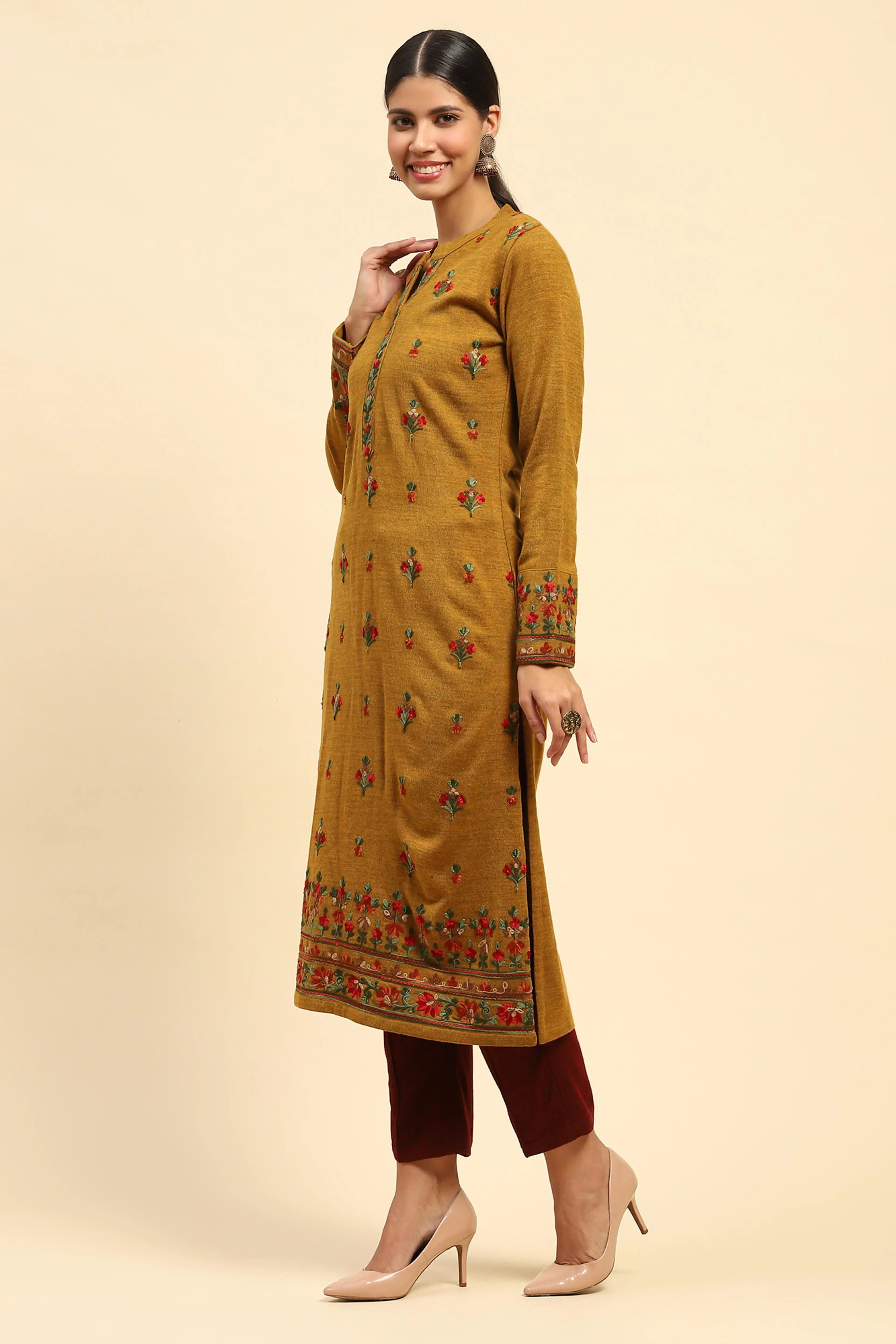 Mustard Woolen Thread Embroidered Notch Neck Kurta - Global Republic