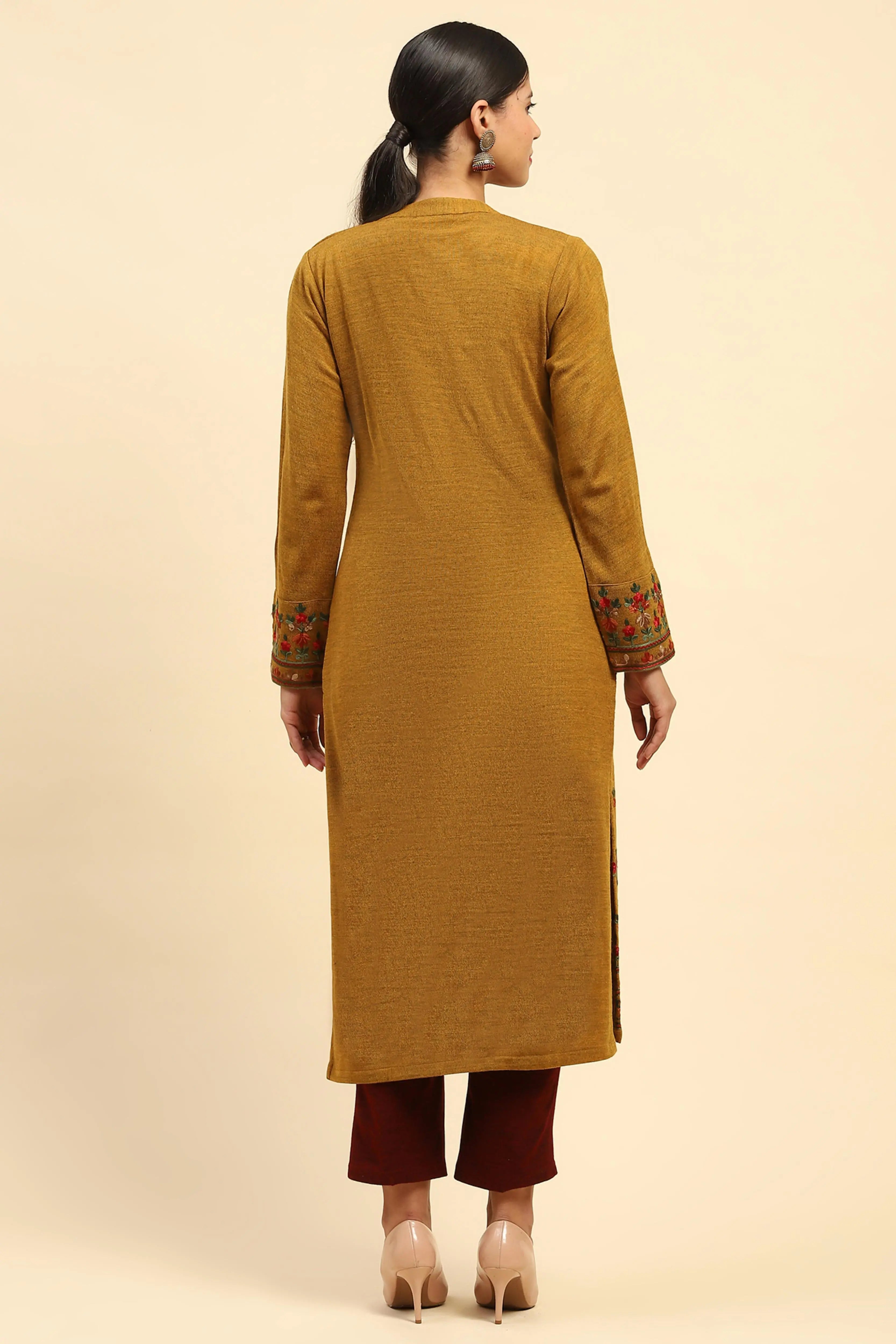 Mustard Woolen Thread Embroidered Notch Neck Kurta - Global Republic