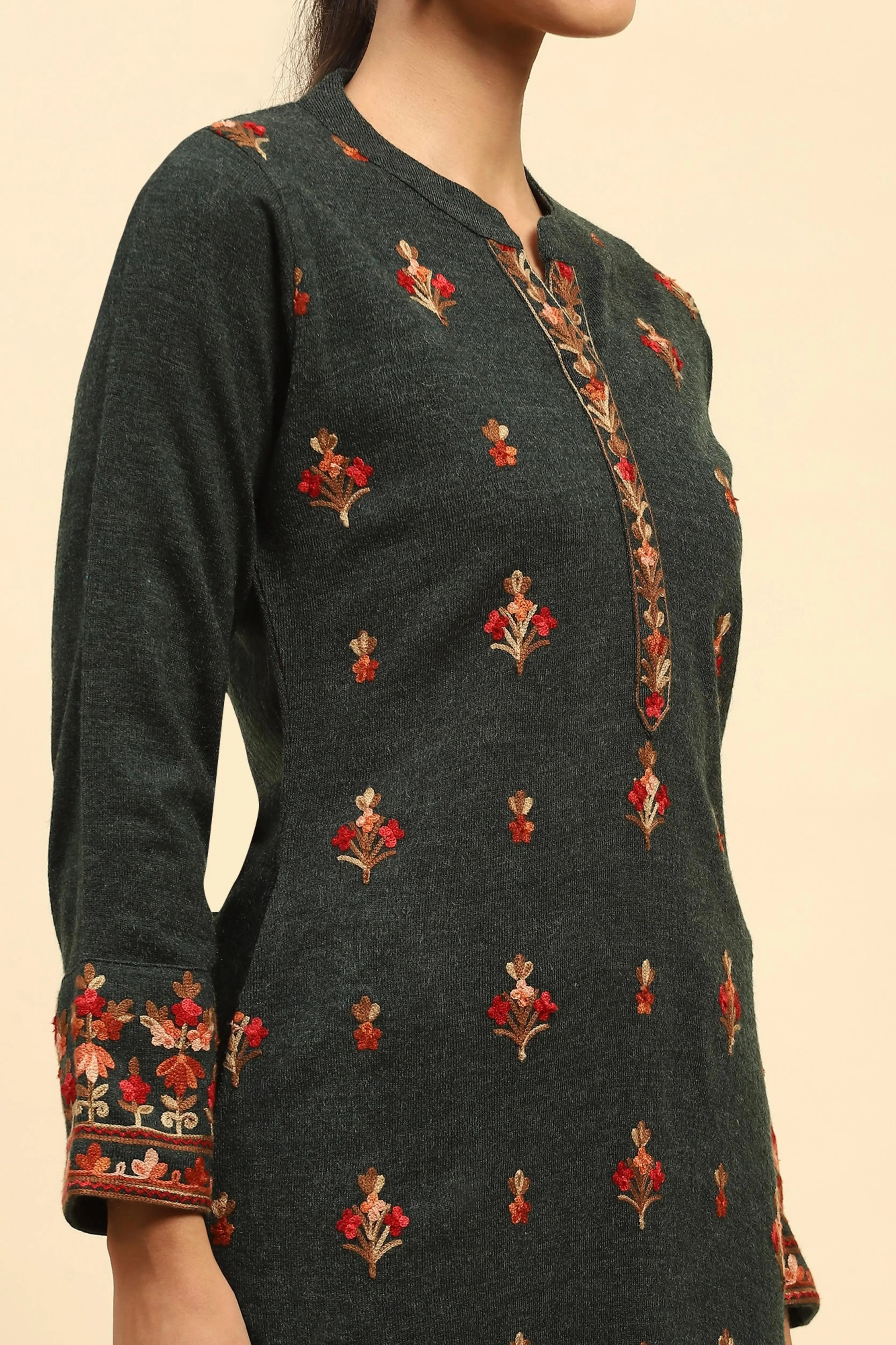 Dark Olive WoolenThread Embroidered Round Neck Kurta - Global Republic