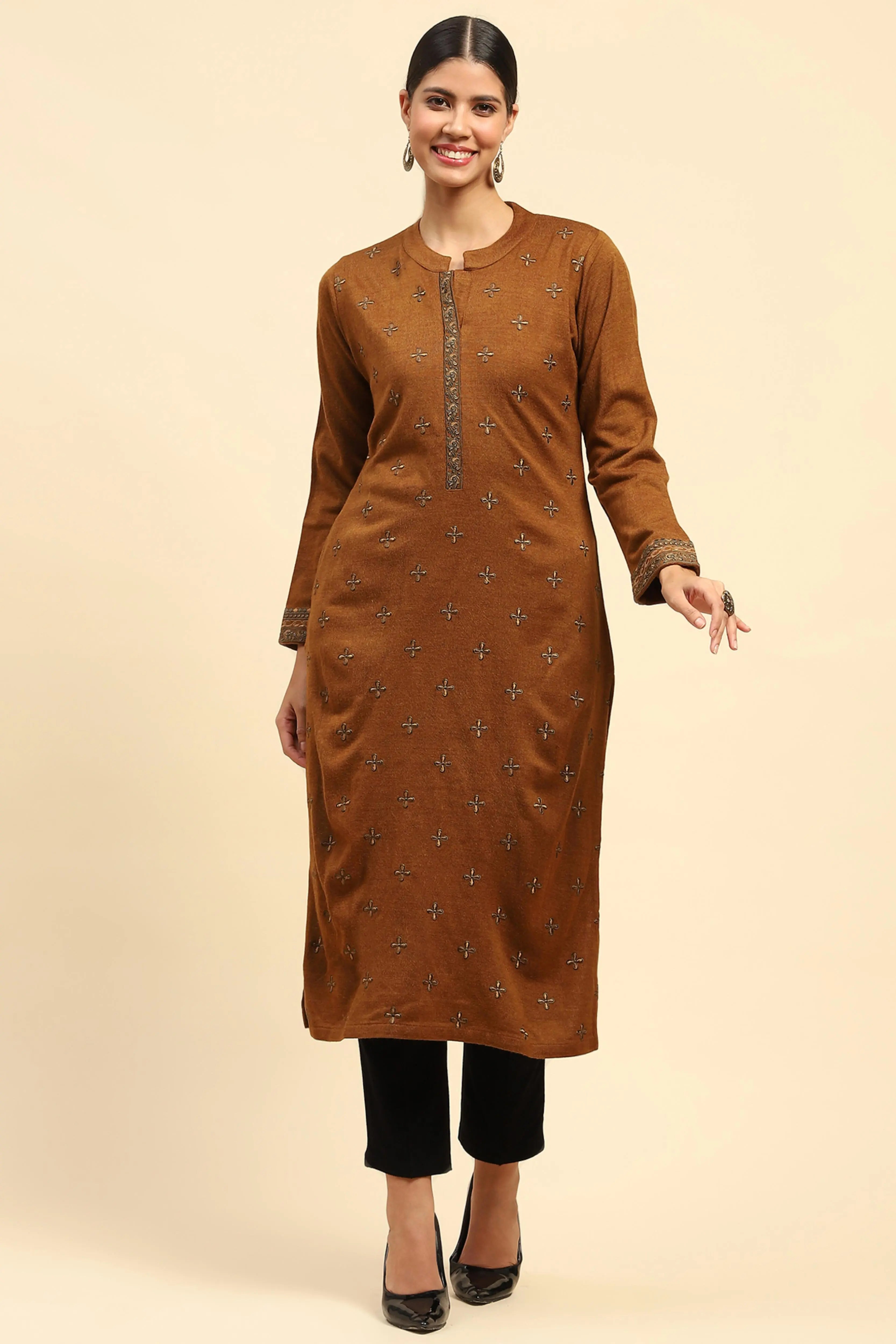 Rust Embroidered  Woolen Kurta - Global Republic