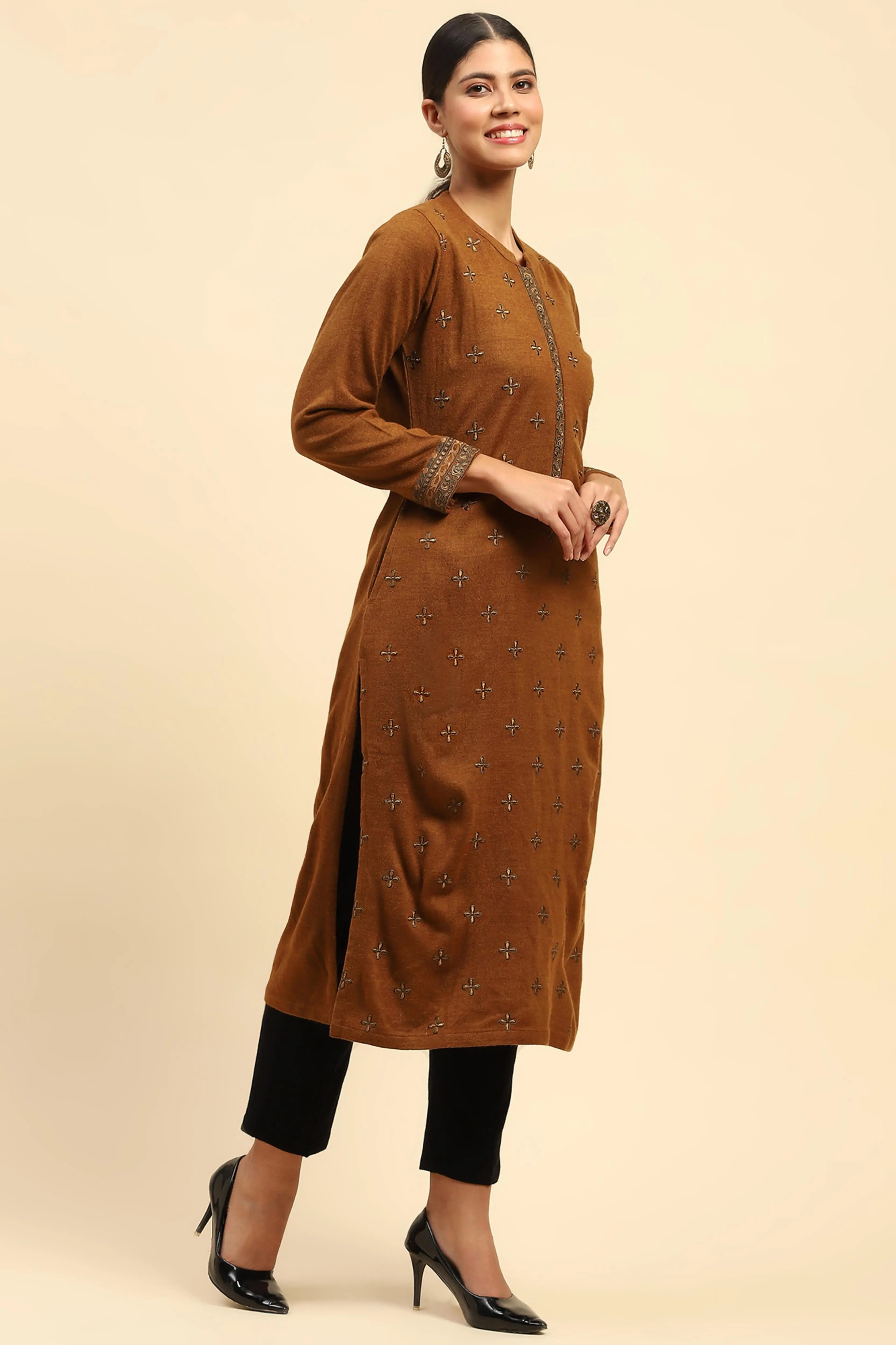 Rust Embroidered  Woolen Kurta - Global Republic