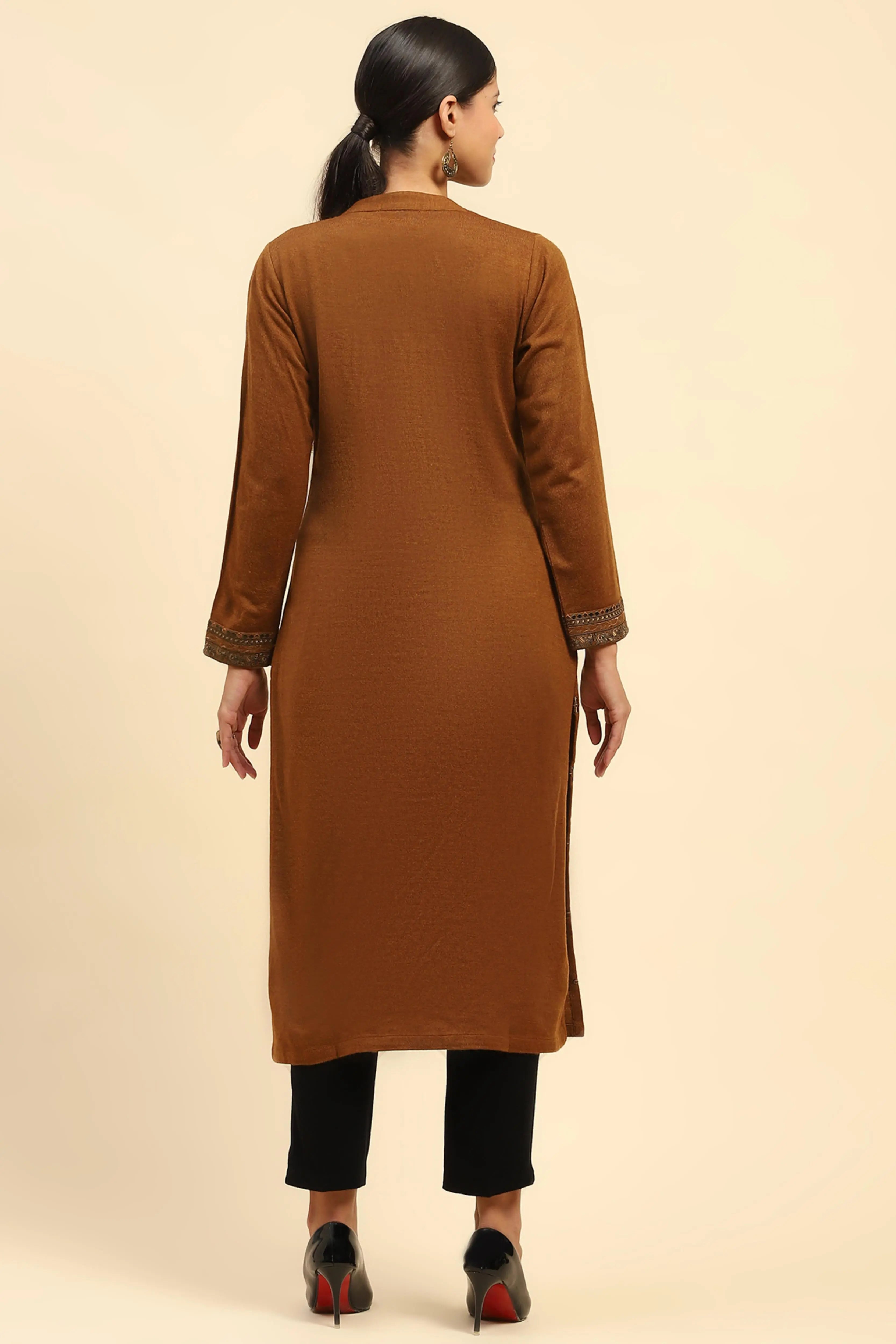 Rust Embroidered  Woolen Kurta - Global Republic
