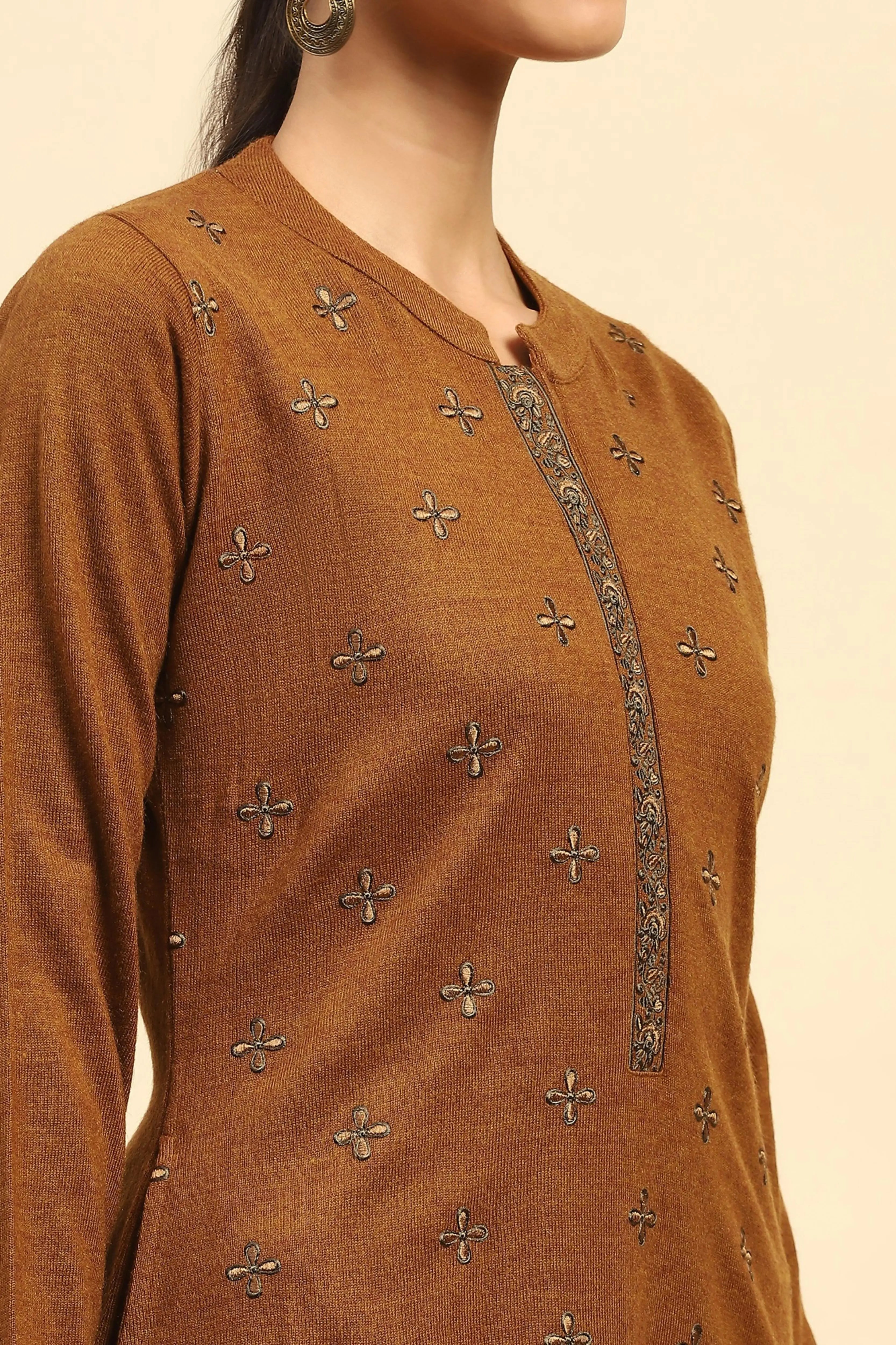 Rust Embroidered  Woolen Kurta - Global Republic