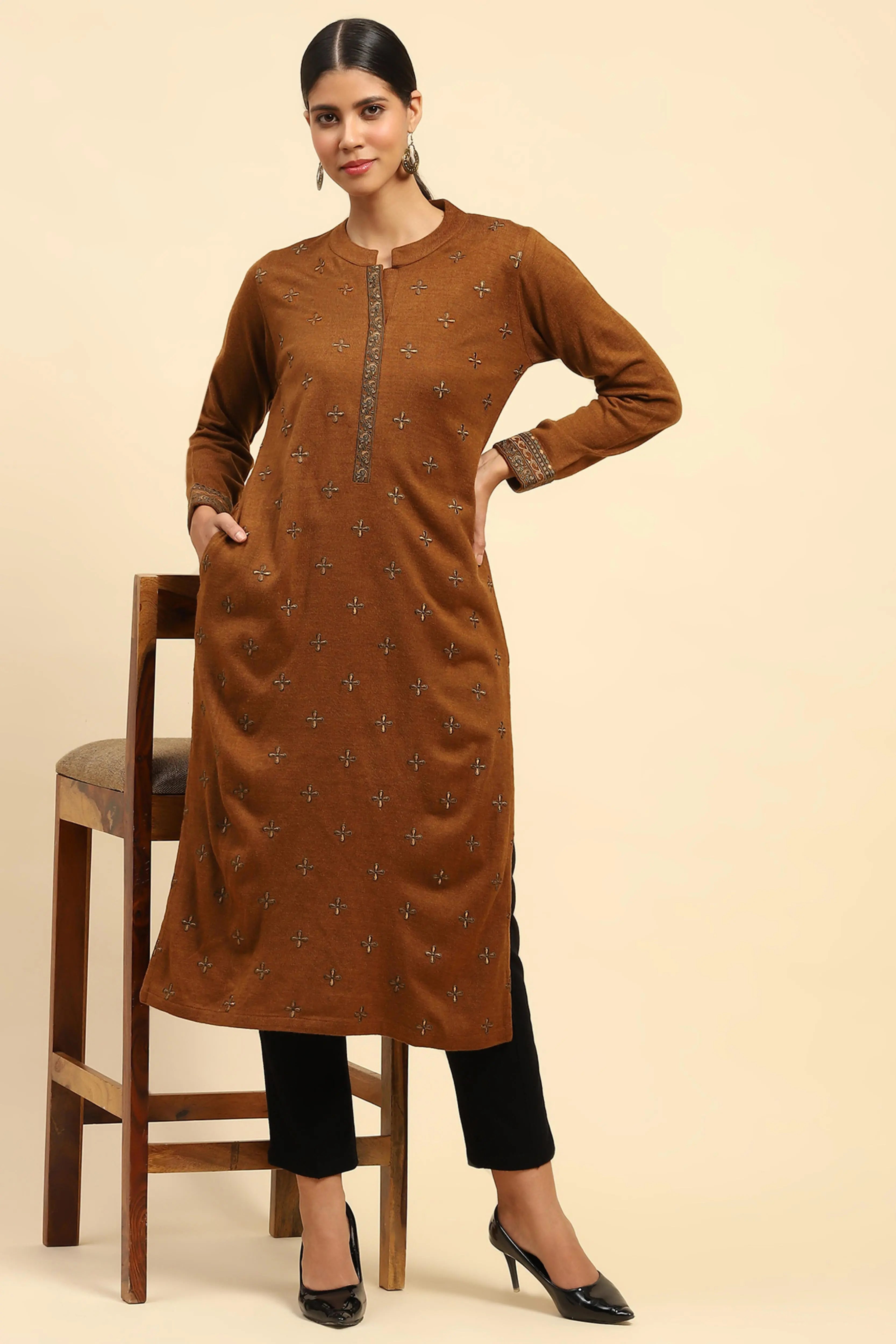 Rust Embroidered  Woolen Kurta - Global Republic