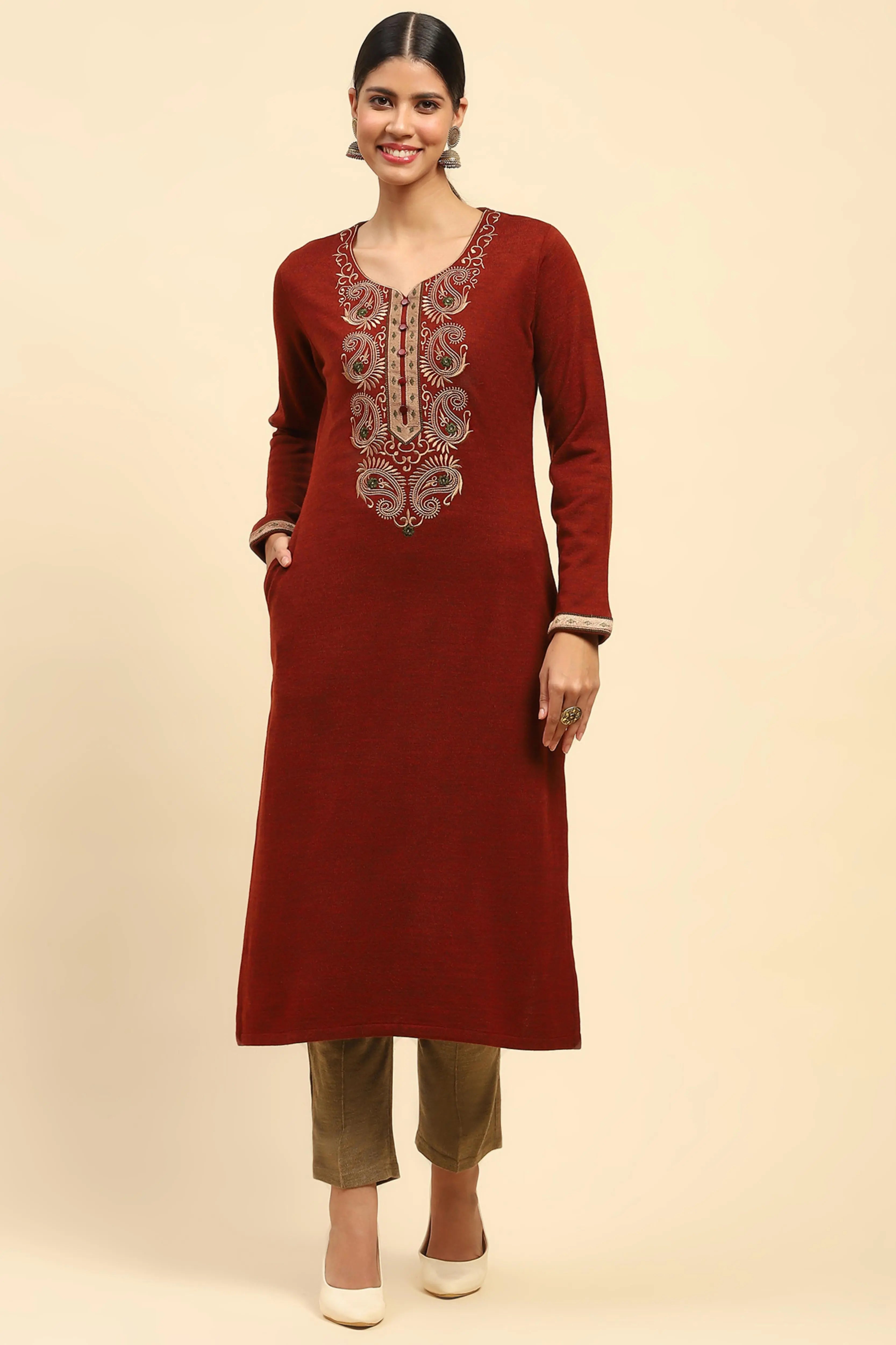Rust Embroidered Woolen Kurta - Global Republic
