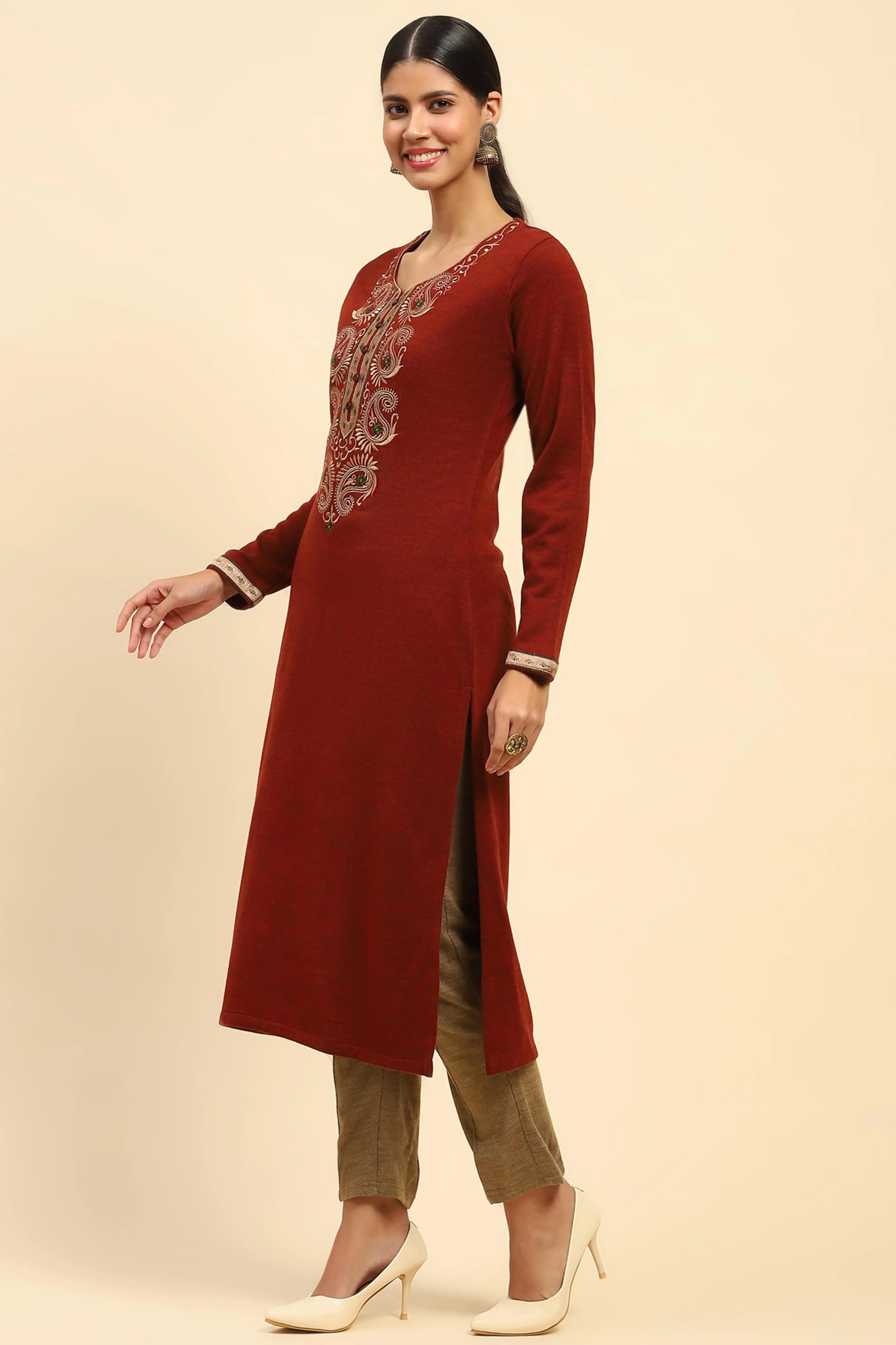 Rust Embroidered Woolen Kurta - Global Republic