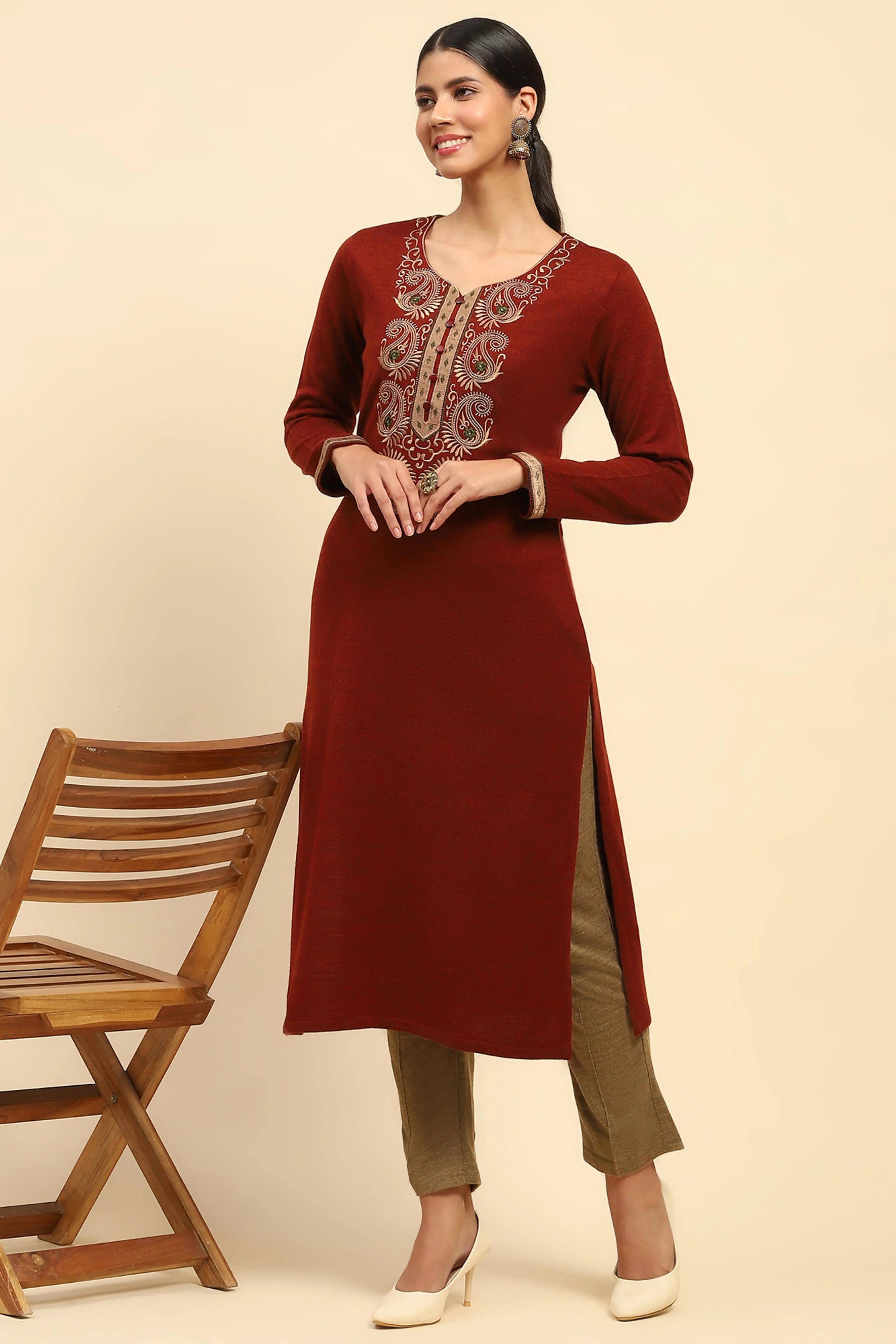 Rust Embroidered Woolen Kurta - Global Republic