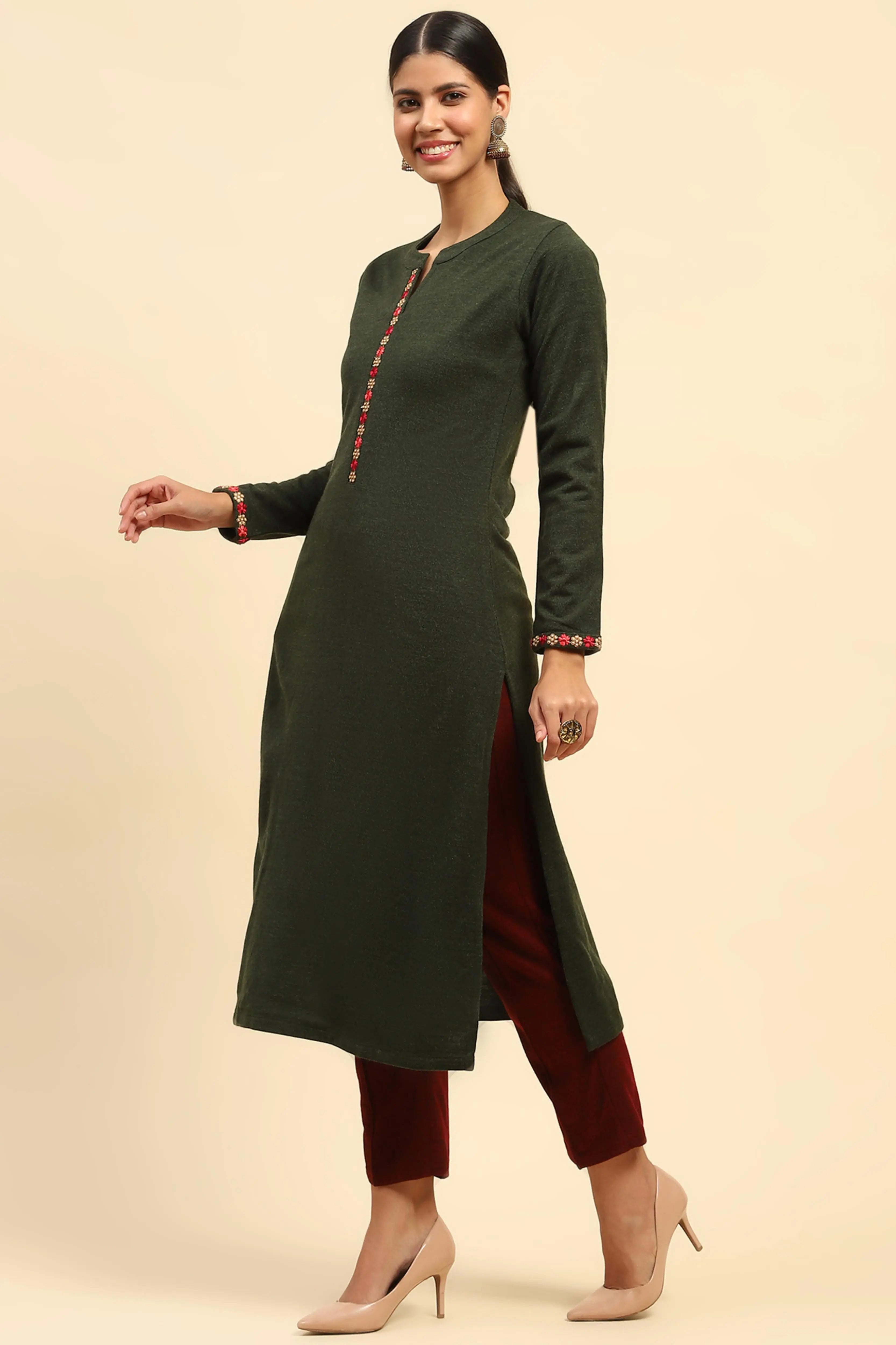 Olive Woolen Embroidered Kurta - Global Republic