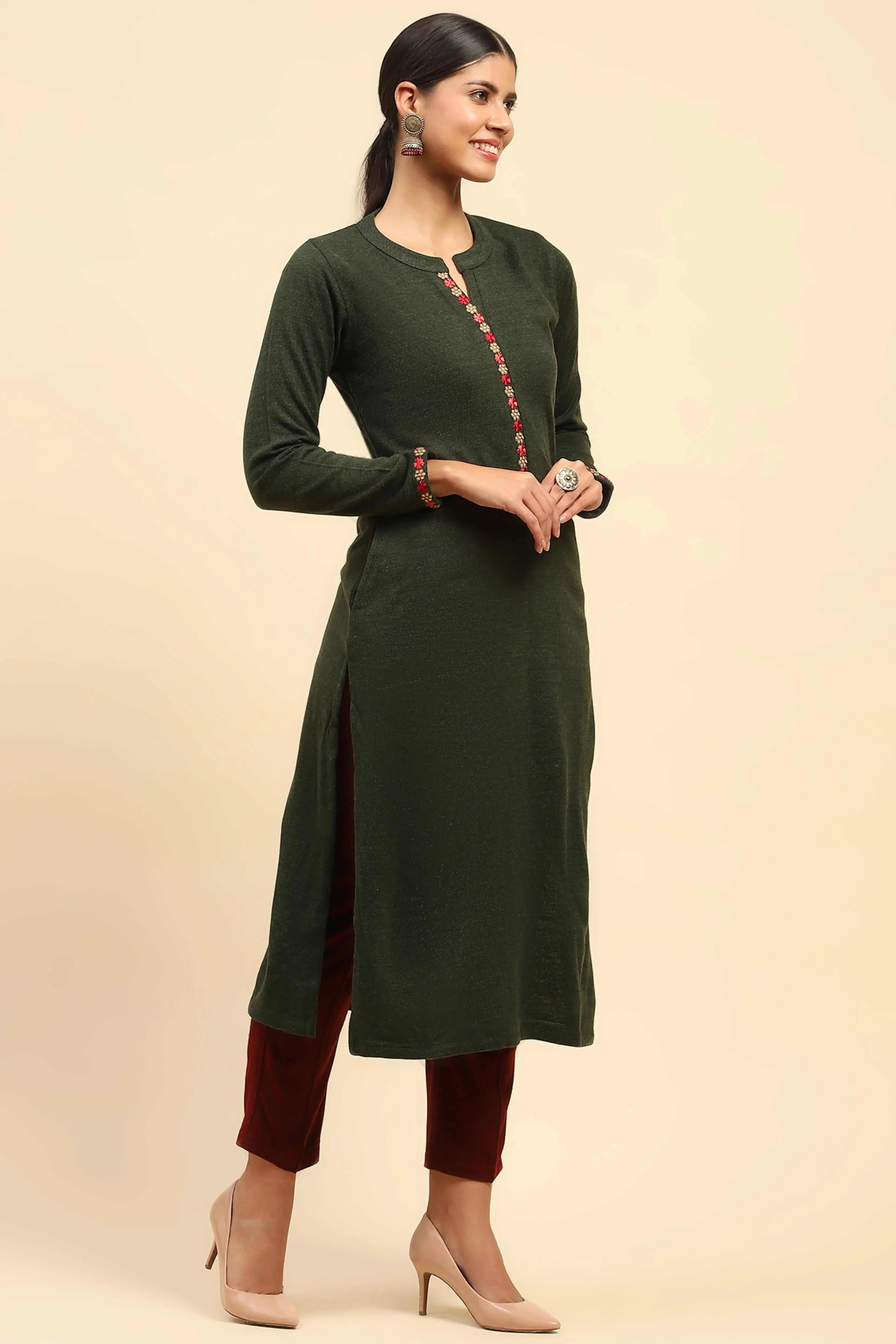 Olive Woolen Embroidered Kurta - Global Republic