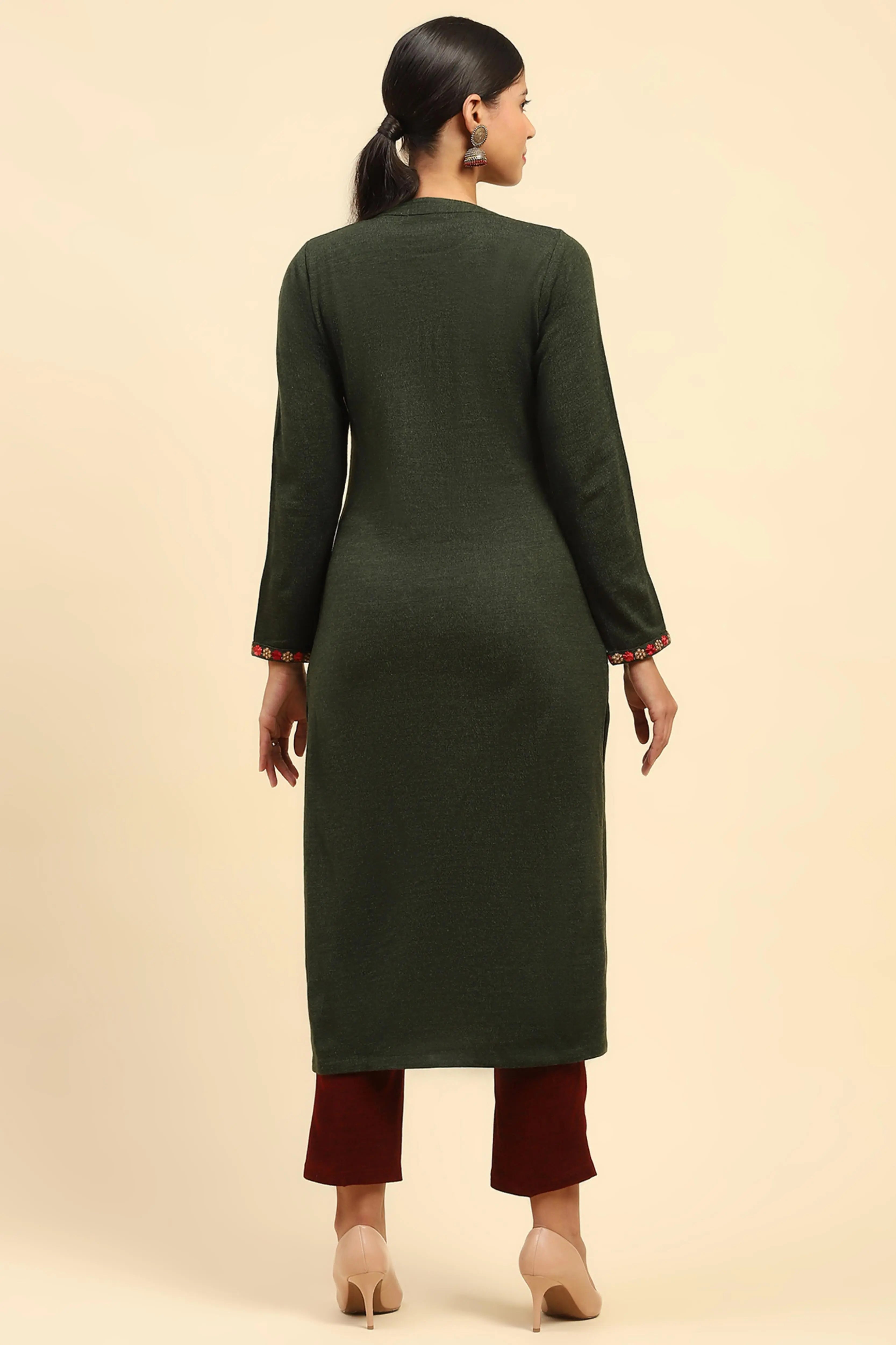Olive Woolen Embroidered Kurta - Global Republic
