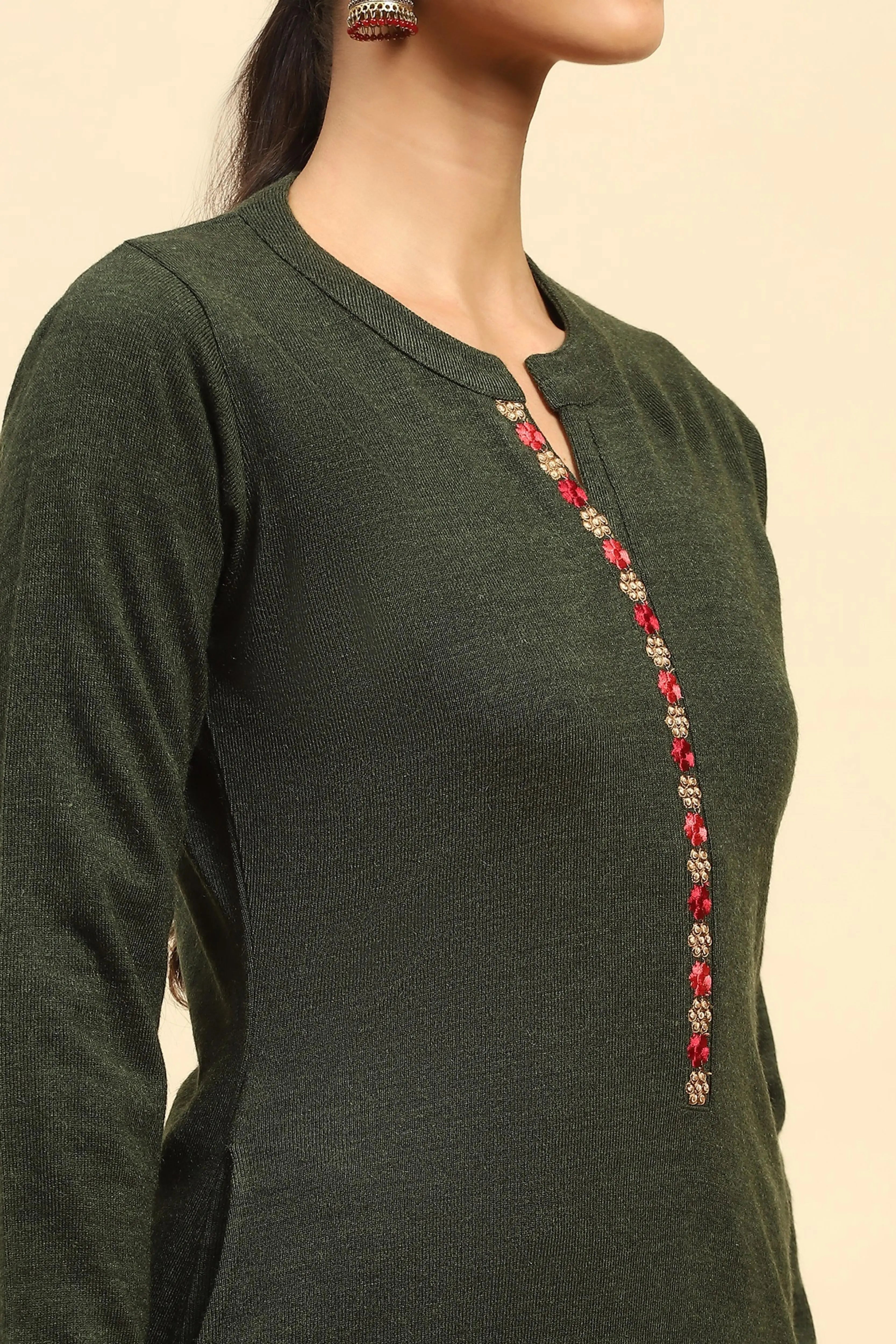 Olive Woolen Embroidered Kurta - Global Republic