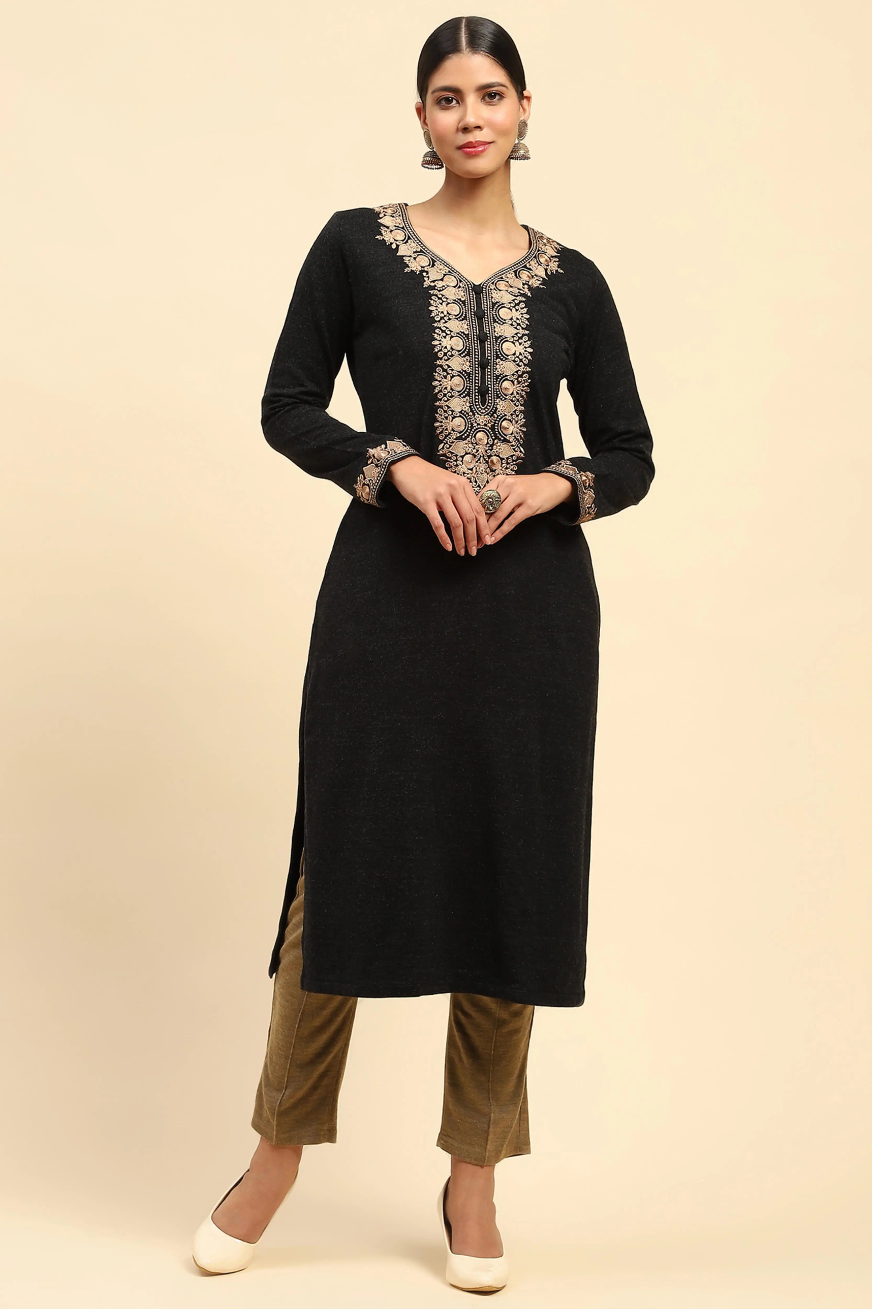 Black Woolen Embroidered Kurta - Global Republic