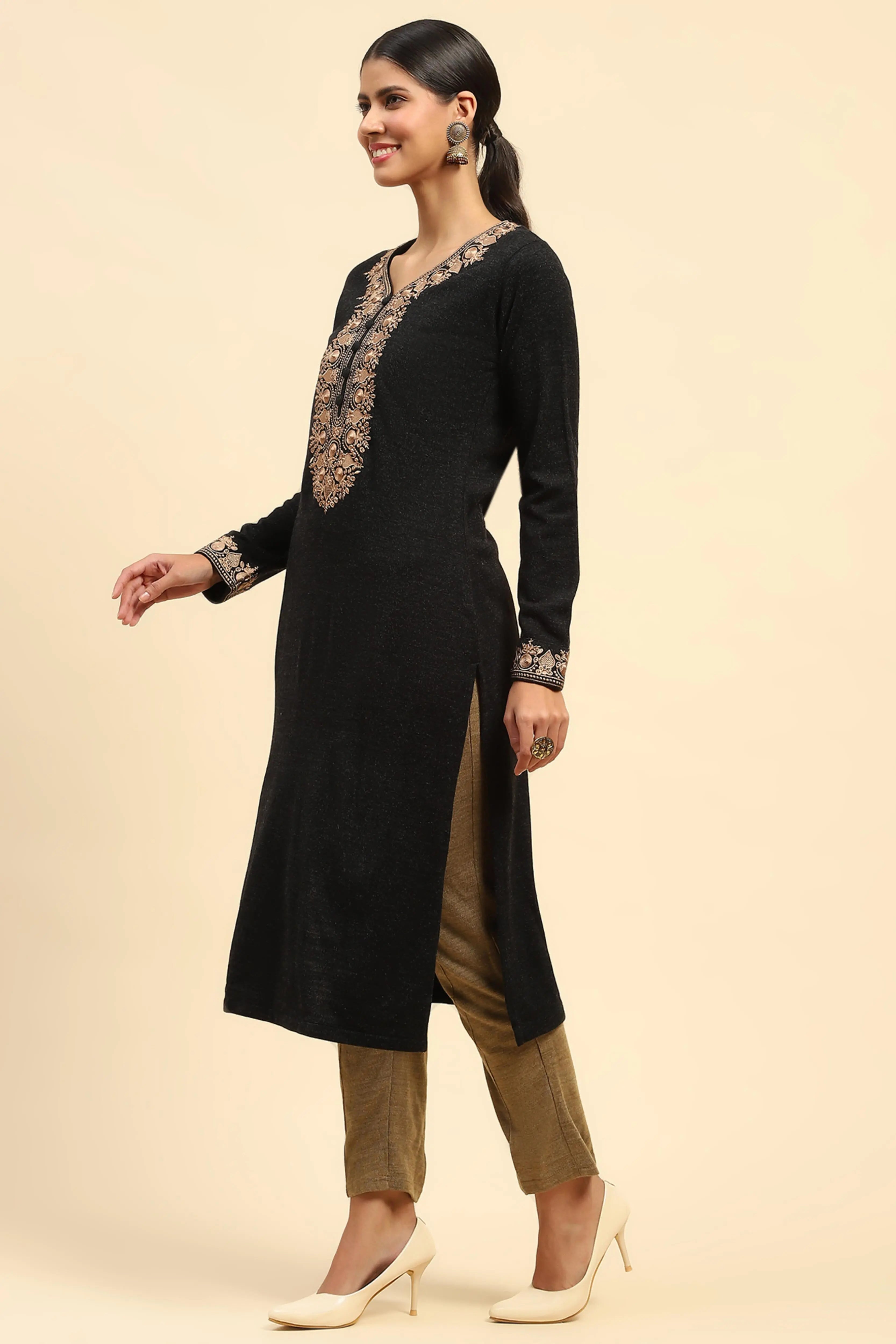 Black Woolen Embroidered Kurta - Global Republic