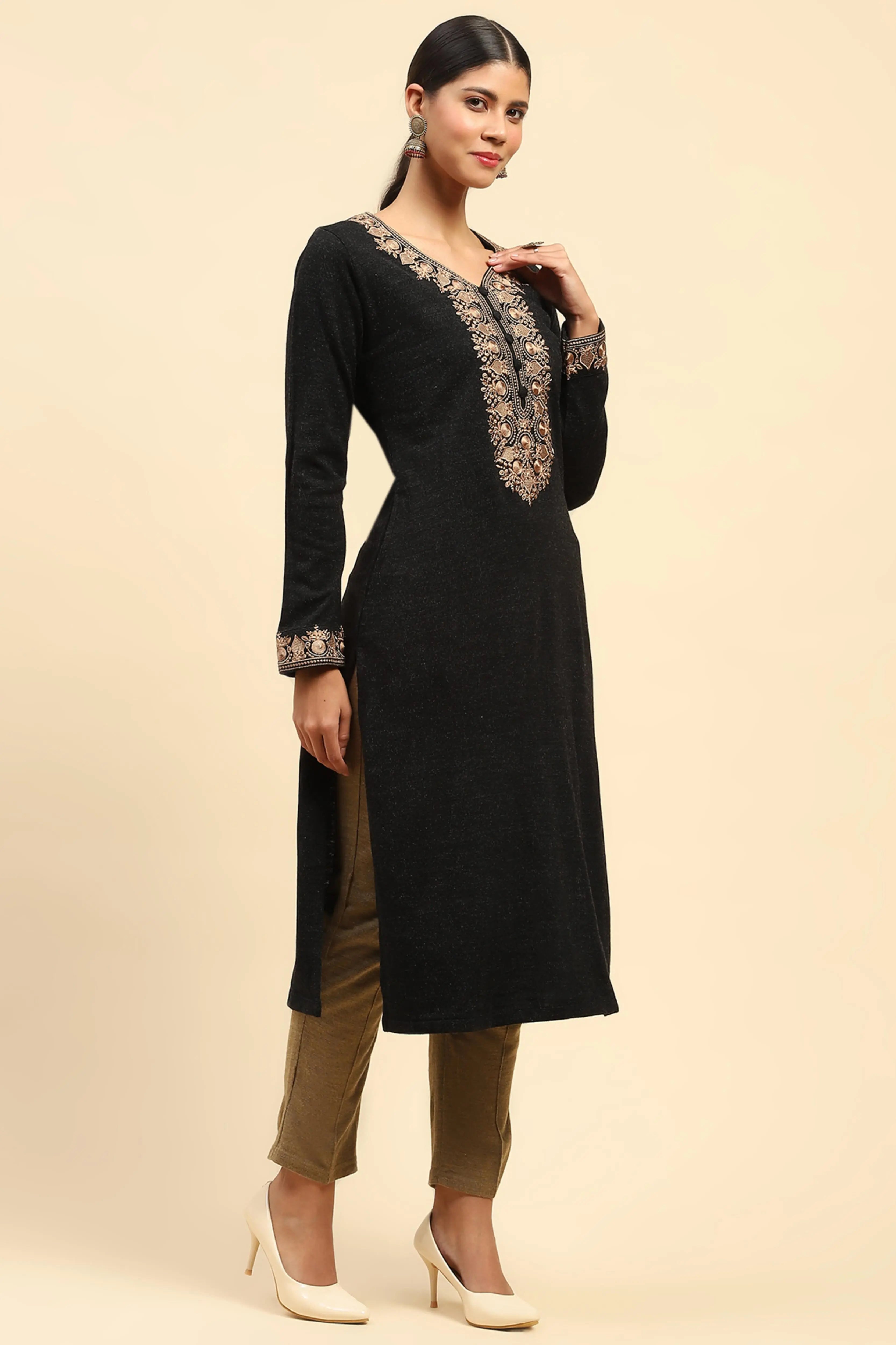 Black Woolen Embroidered Kurta - Global Republic