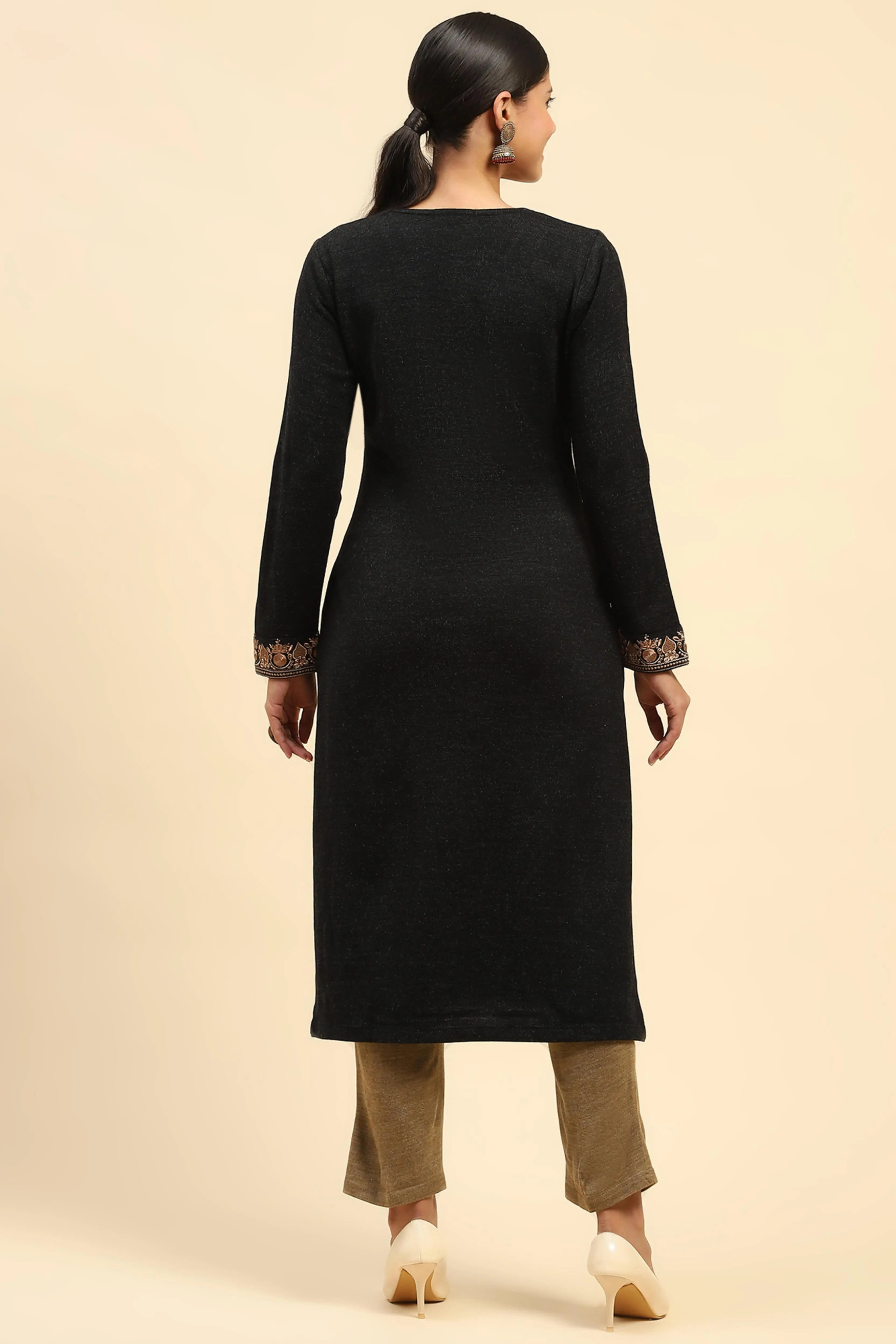 Black Woolen Embroidered Kurta - Global Republic