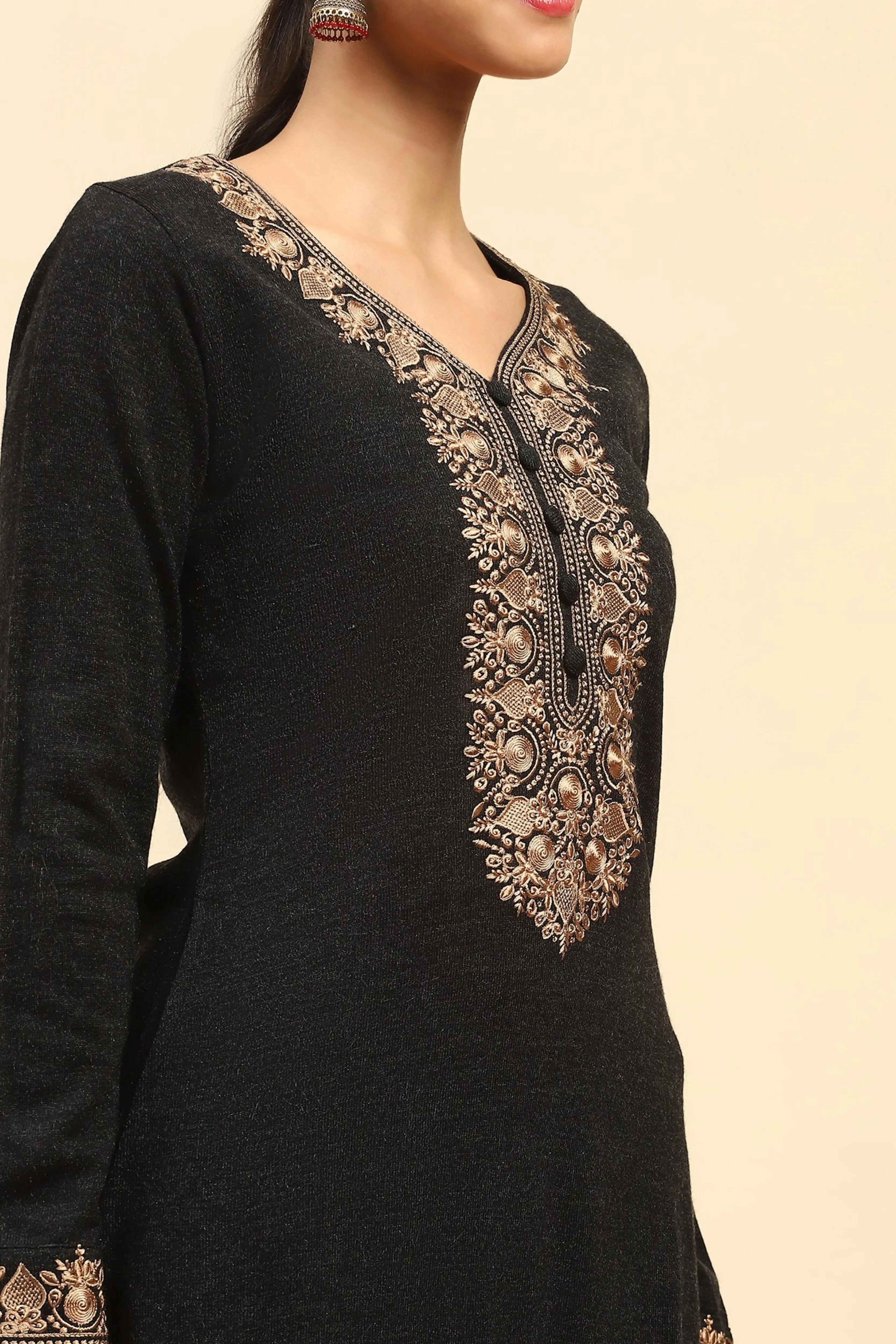 Black Woolen Embroidered Kurta - Global Republic