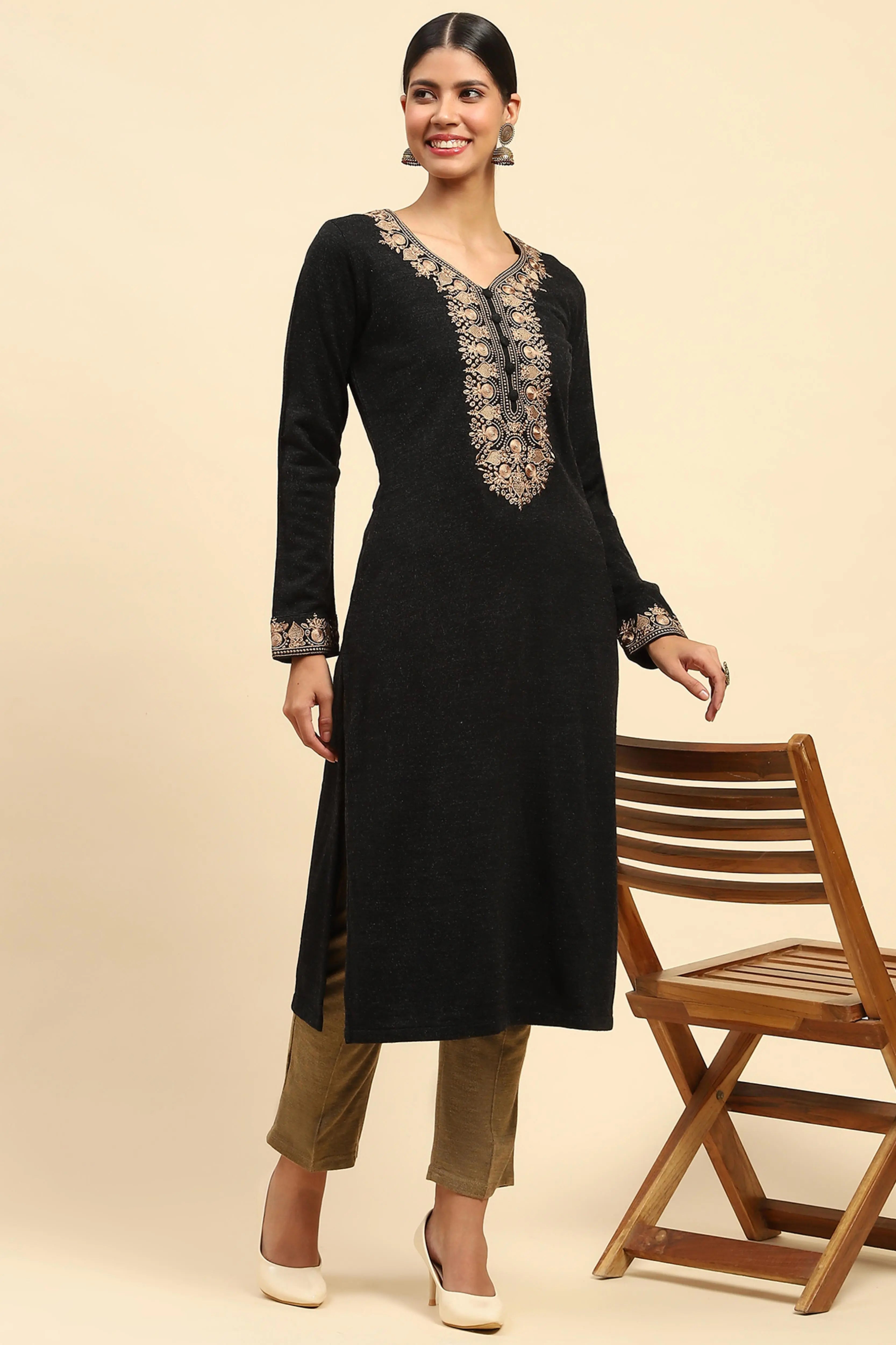 Black Woolen Embroidered Kurta - Global Republic