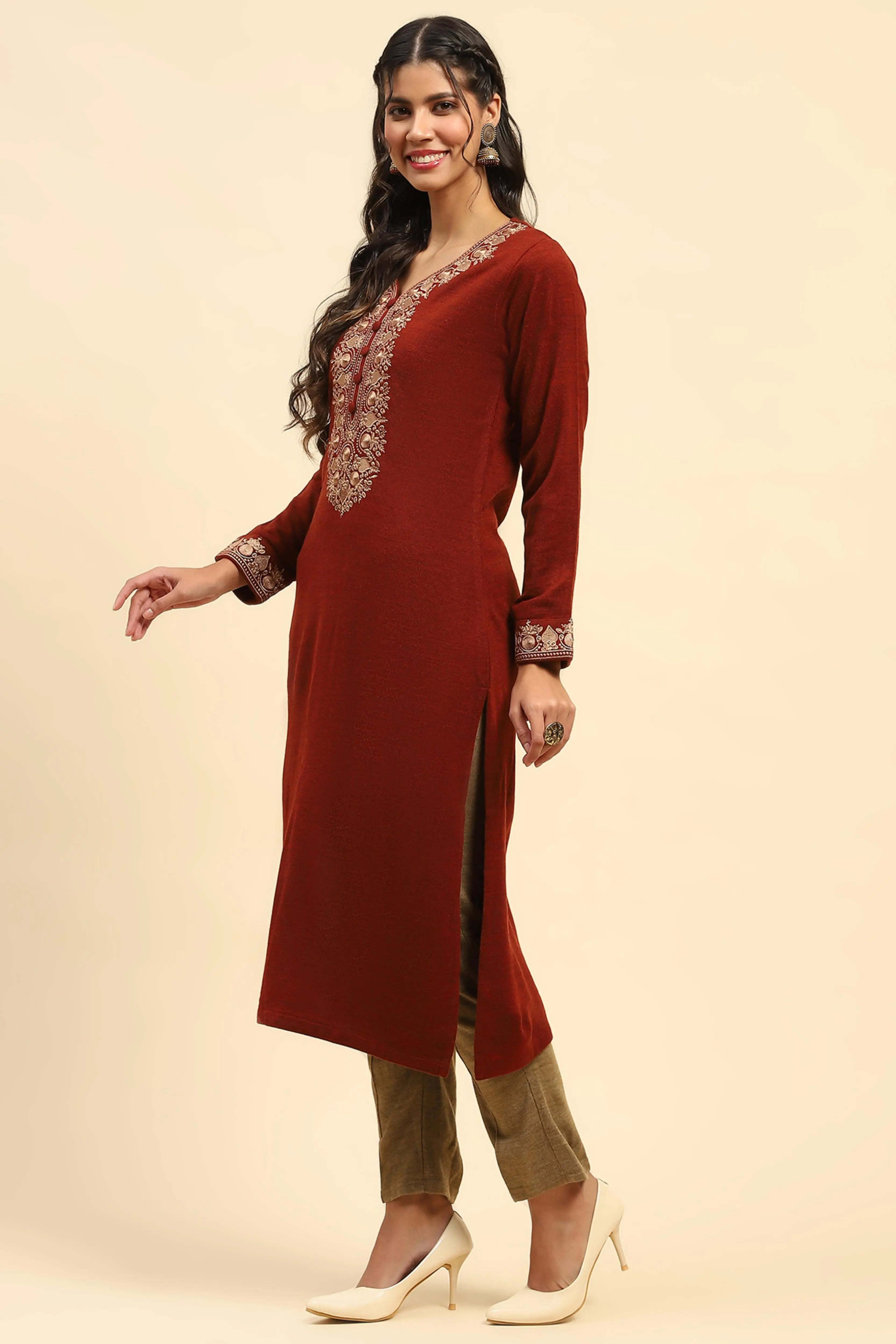 Rust Woolen Thread Embroidered V-Neck Kurta - Global Republic