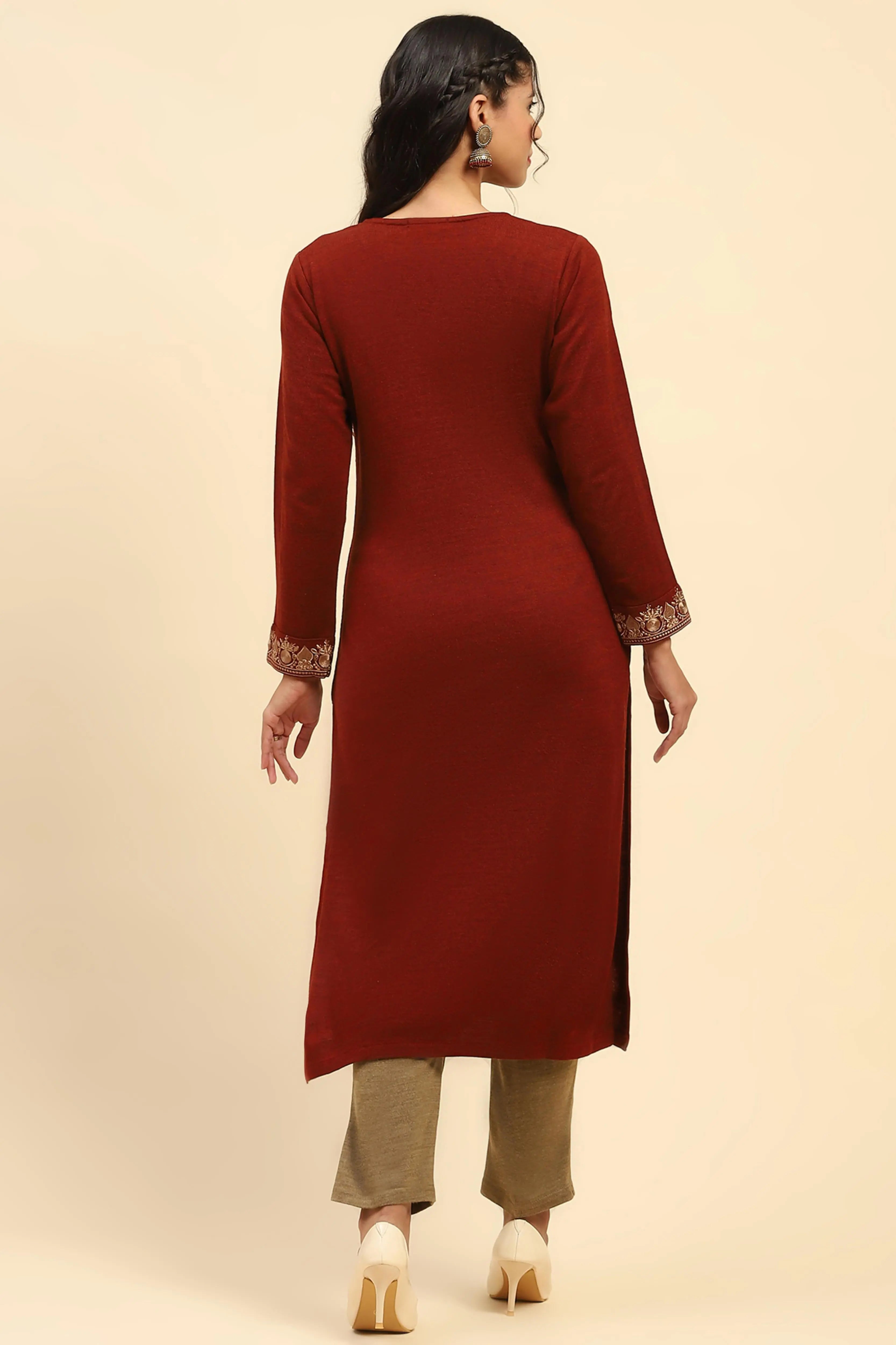 Rust Woolen Thread Embroidered V-Neck Kurta - Global Republic