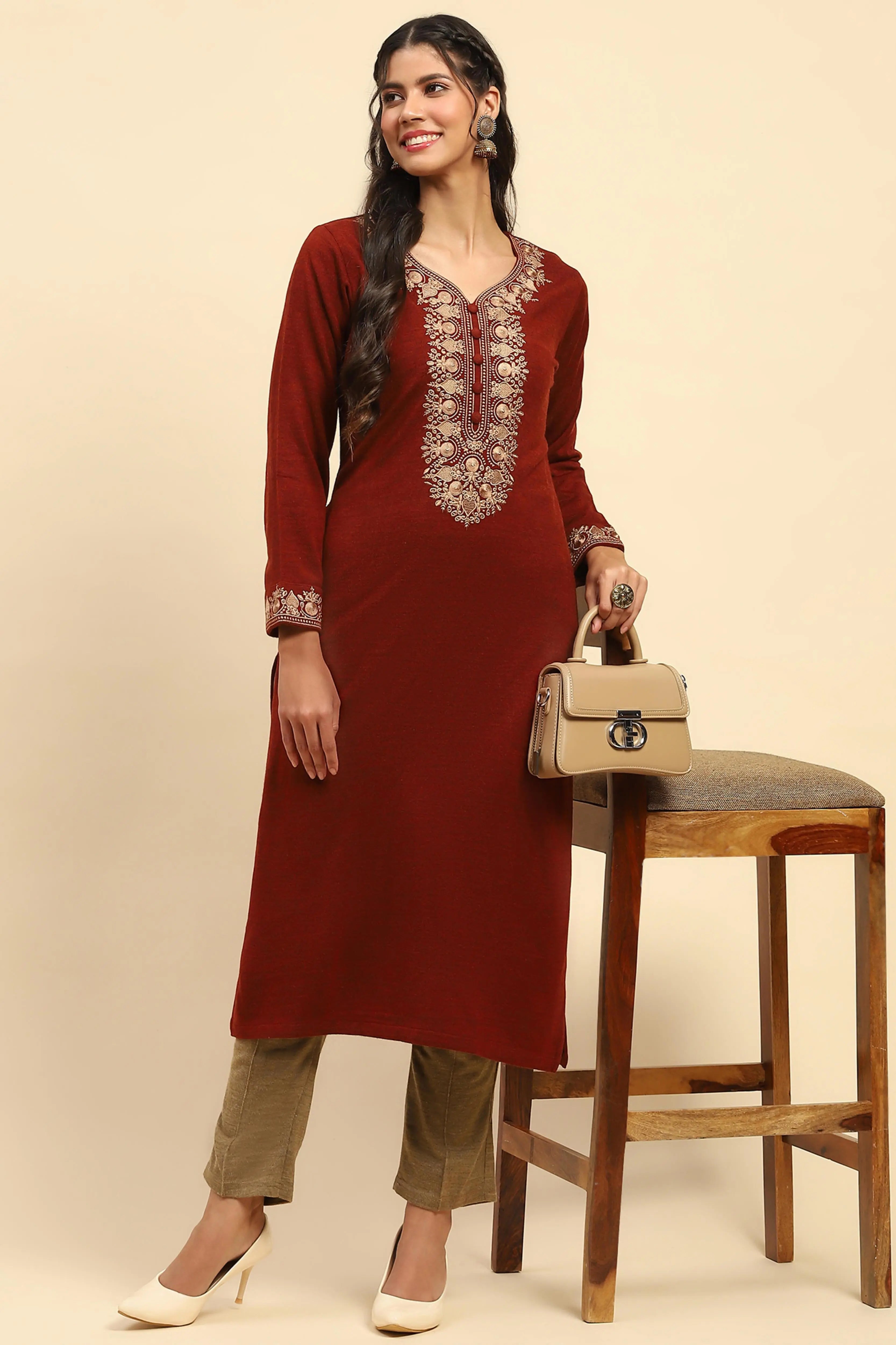Rust Woolen Thread Embroidered V-Neck Kurta - Global Republic