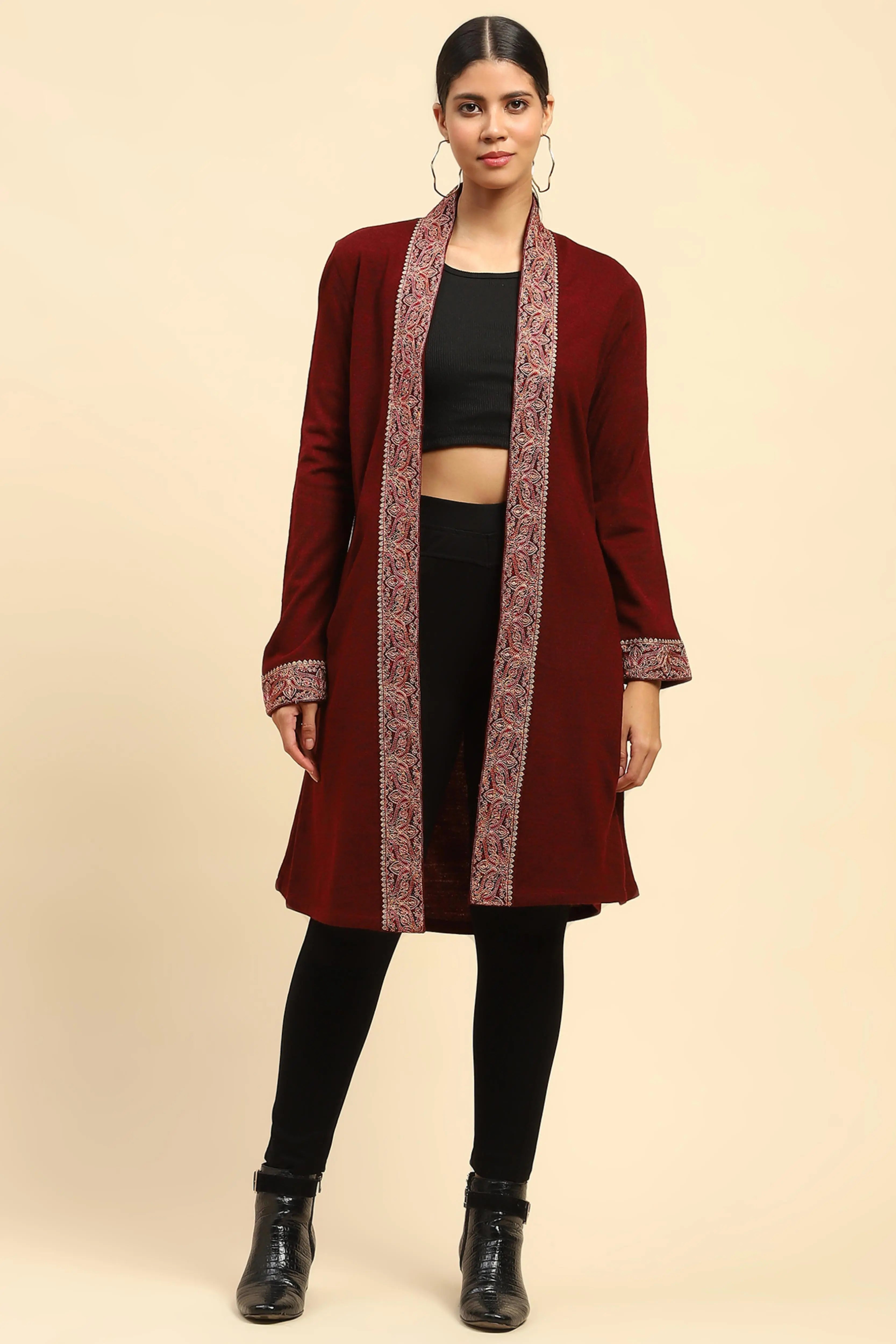 Dark Maroon WoolenThread Embroidered Front Open Ethnic Shrug - Global Republic
