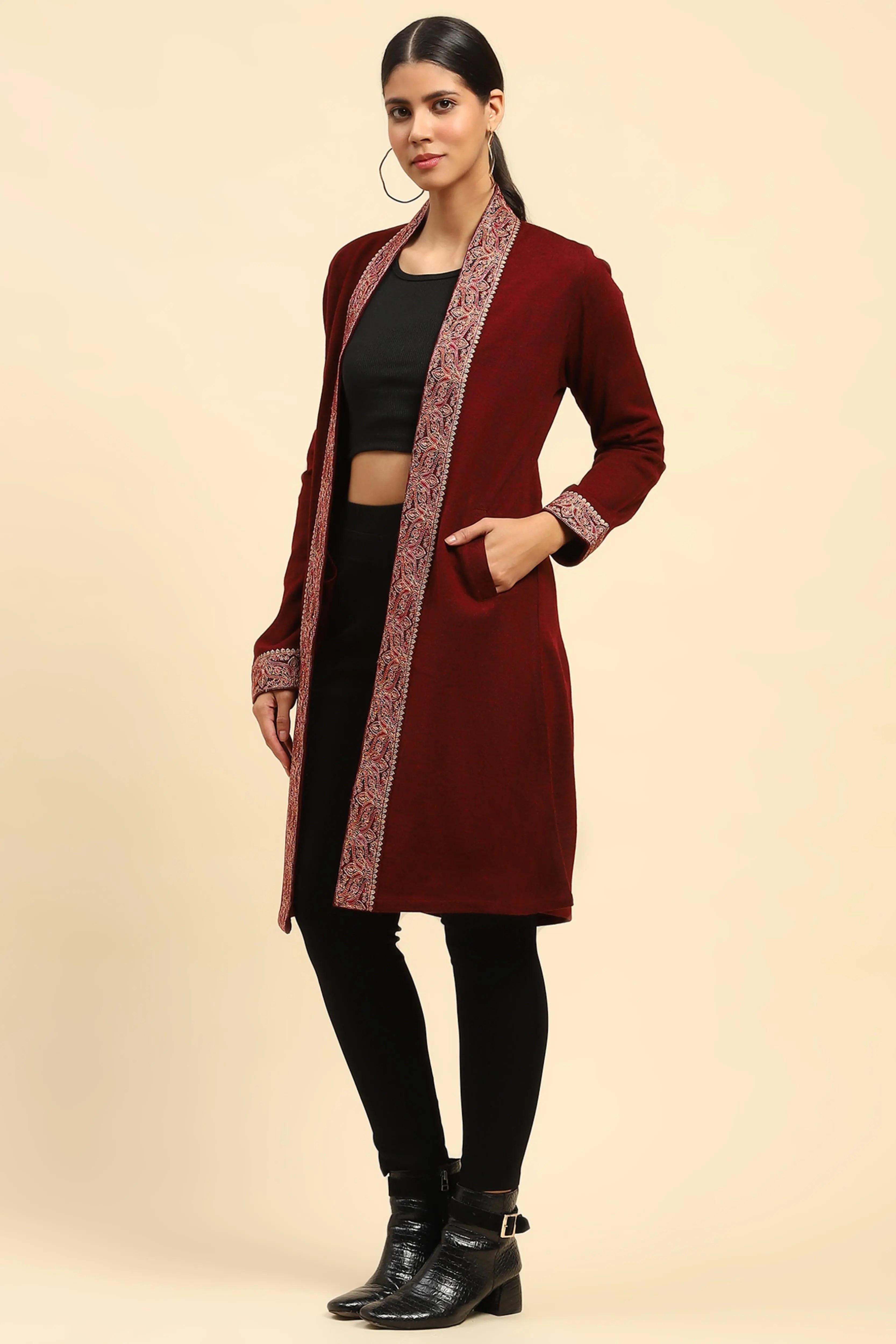 Dark Maroon WoolenThread Embroidered Front Open Ethnic Shrug - Global Republic