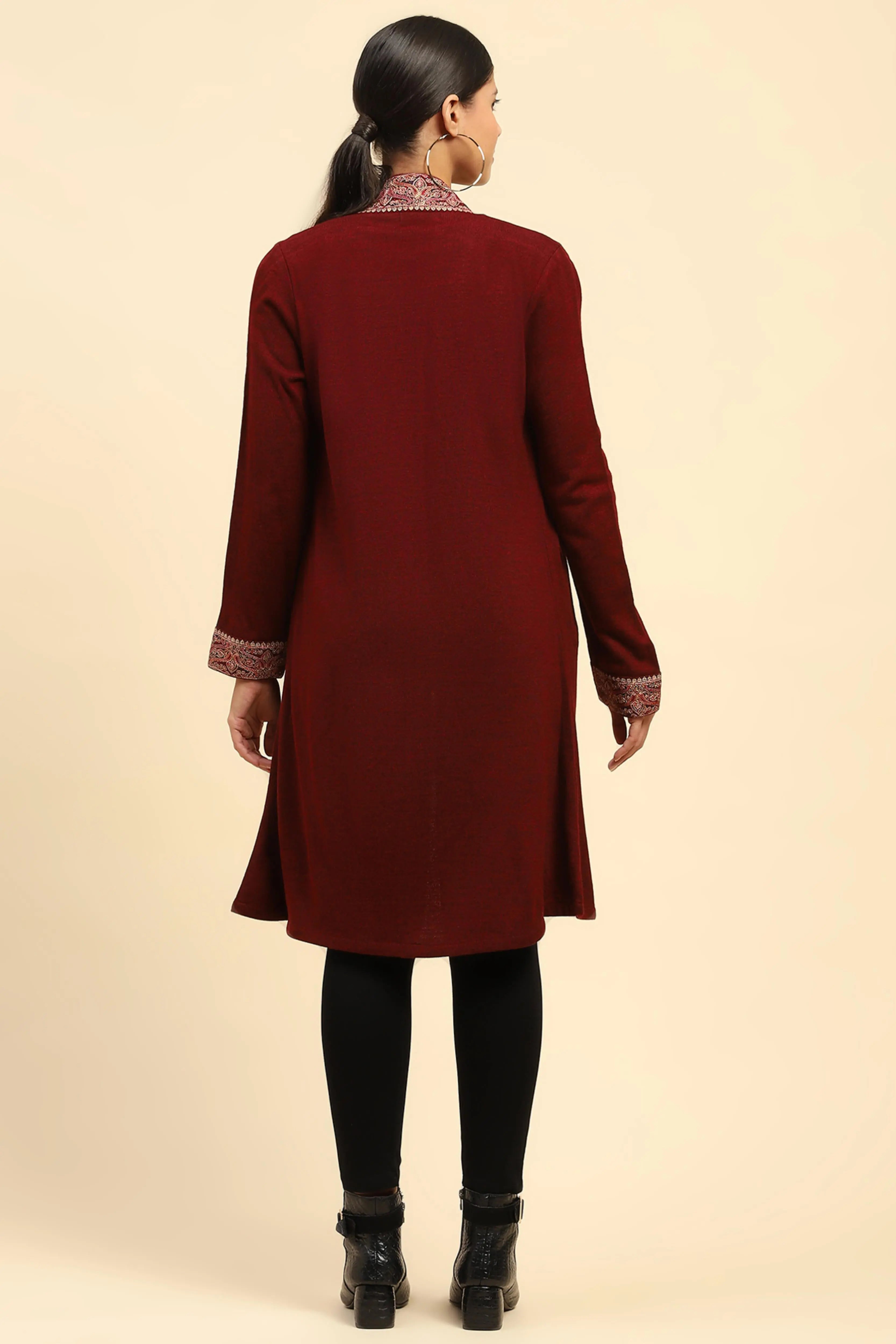 Dark Maroon WoolenThread Embroidered Front Open Ethnic Shrug - Global Republic