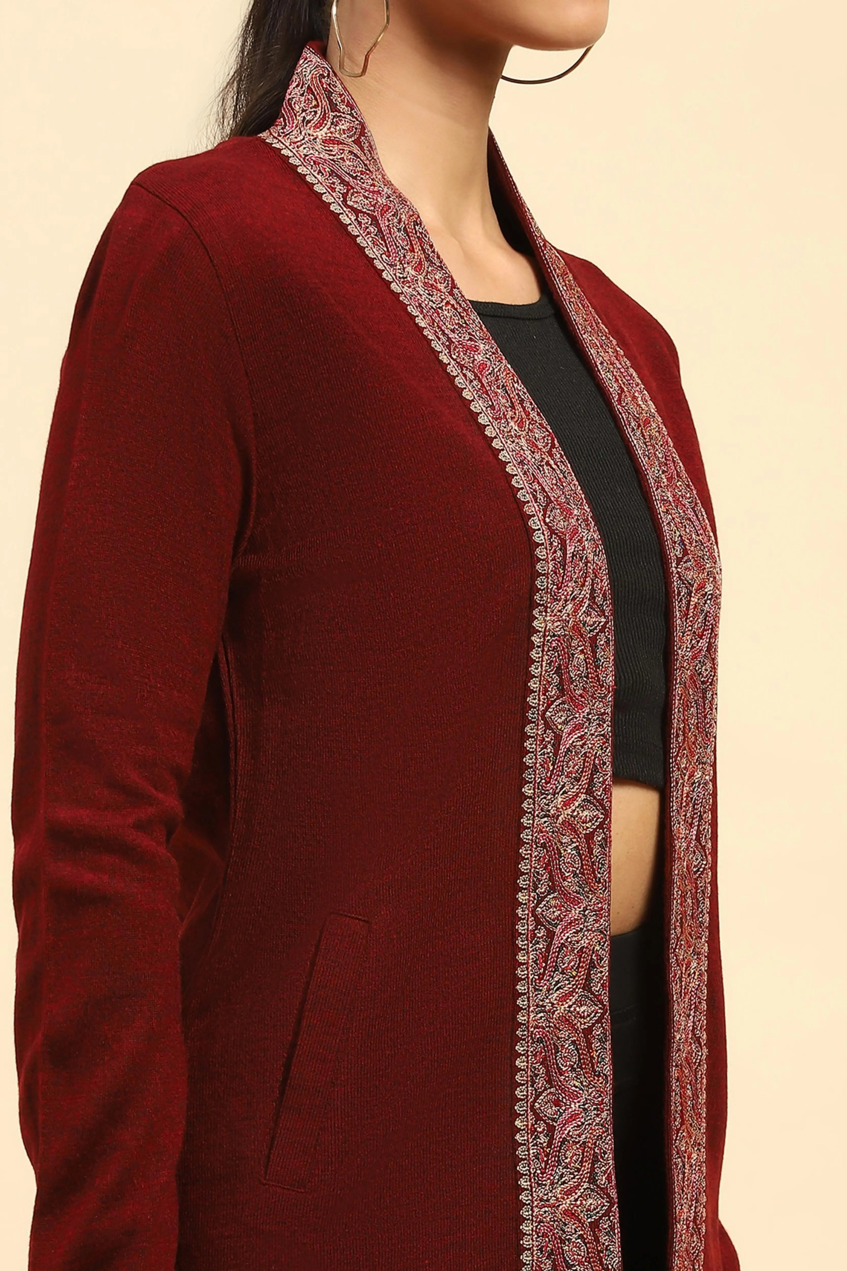 Dark Maroon WoolenThread Embroidered Front Open Ethnic Shrug - Global Republic