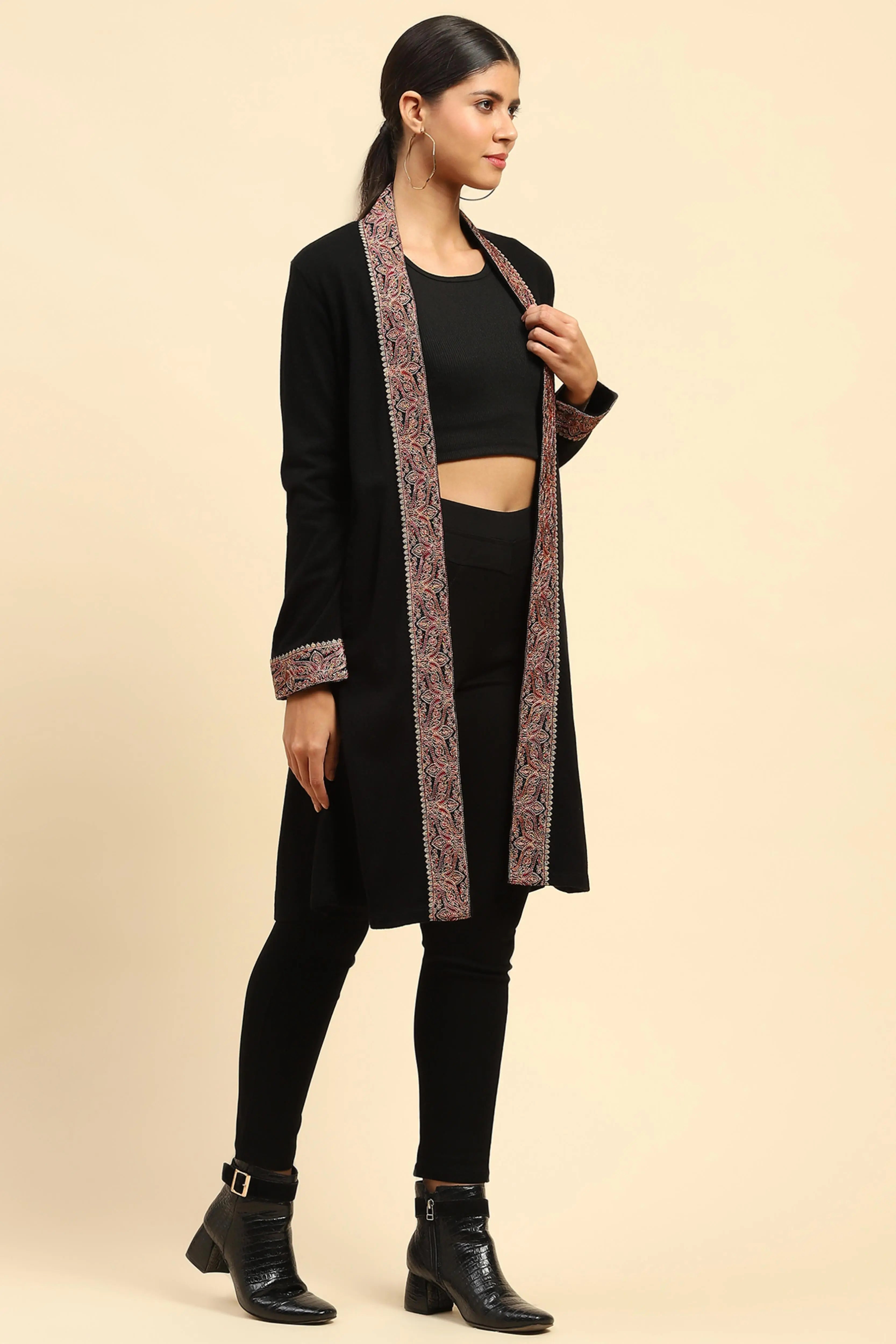Black Woolen Thread Embroidered Shrug - Global Republic