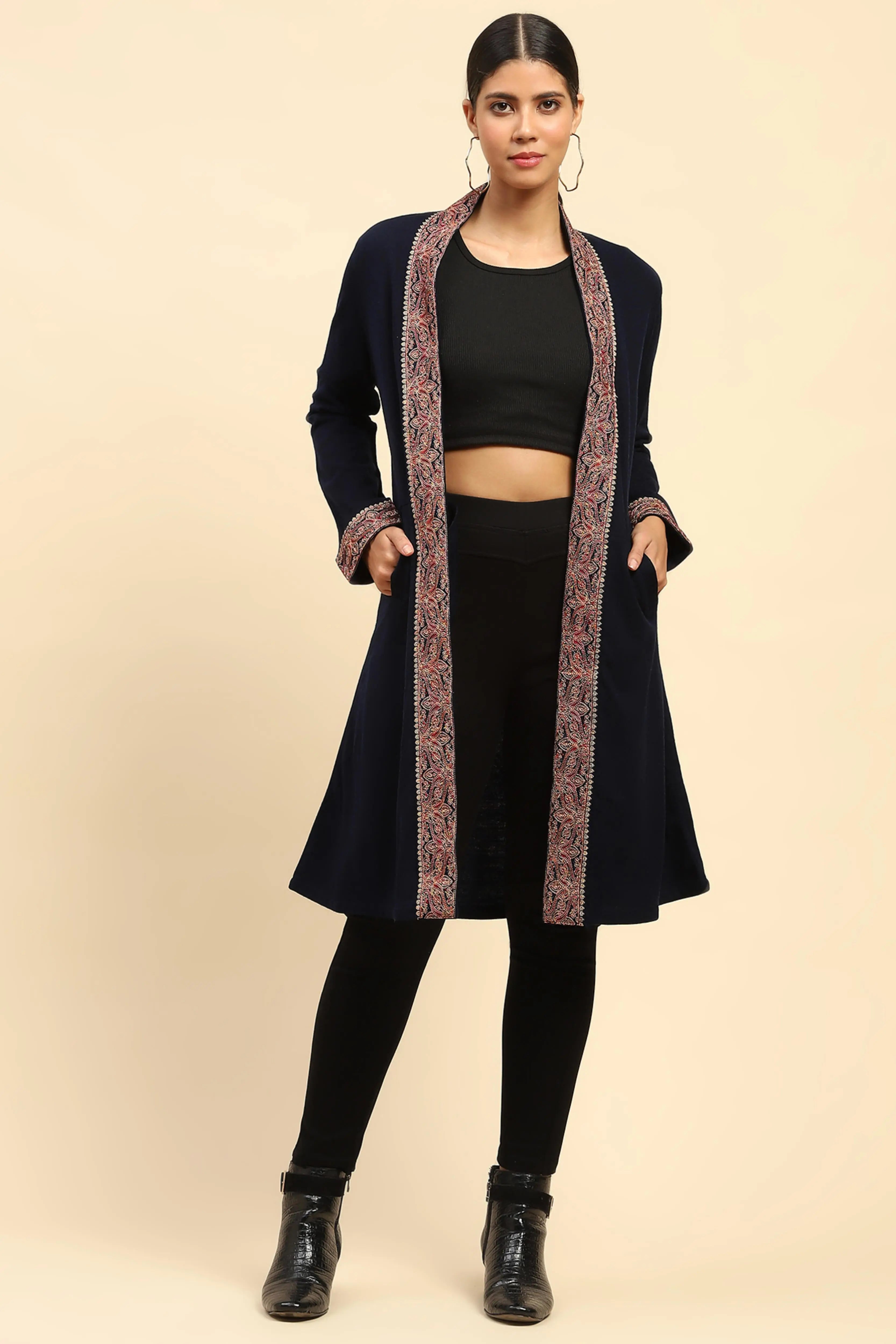 Navy Blue Woolen Thread Embroidered Front Open Ethnic Shrug - Global Republic