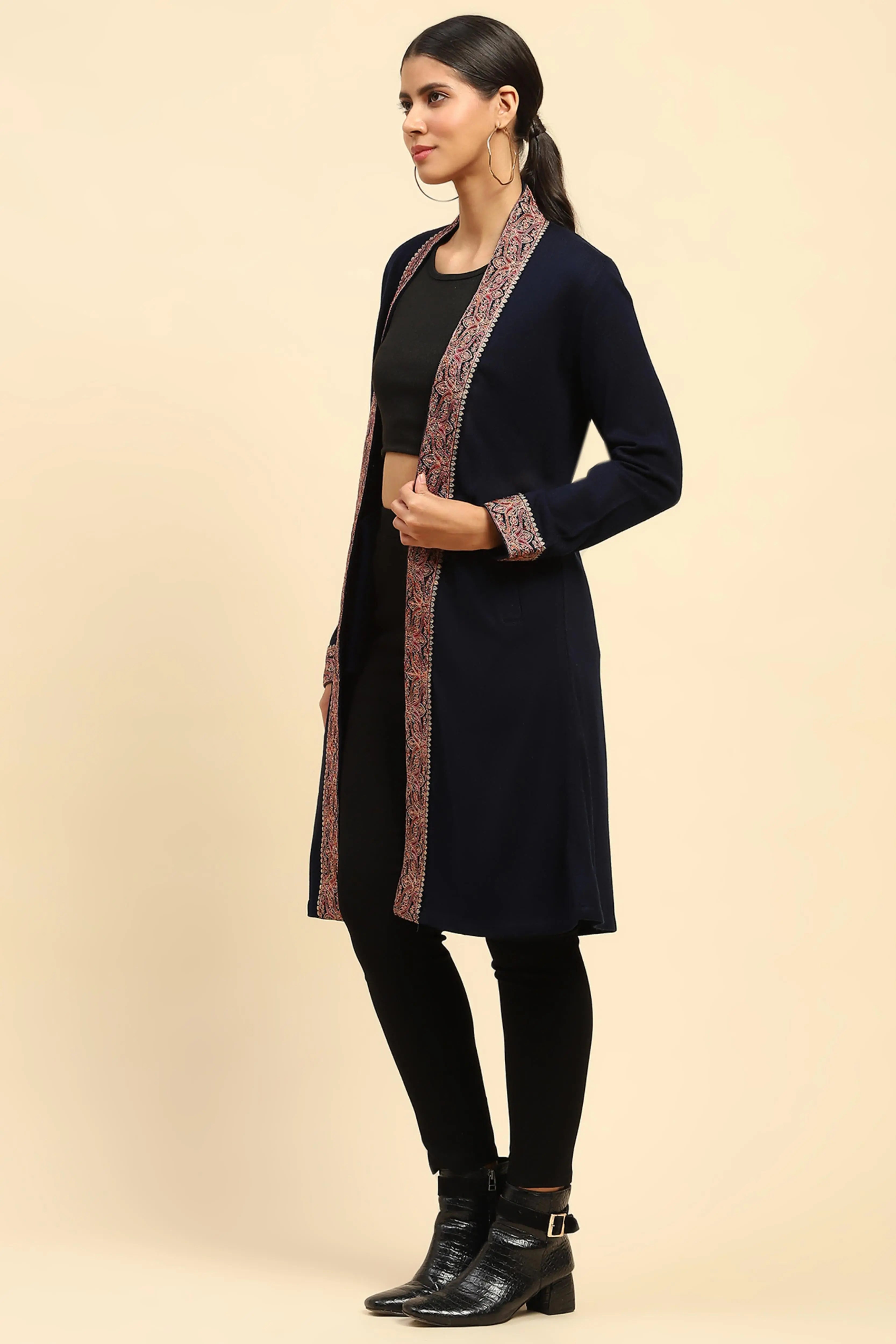 Navy Blue Woolen Thread Embroidered Front Open Ethnic Shrug - Global Republic