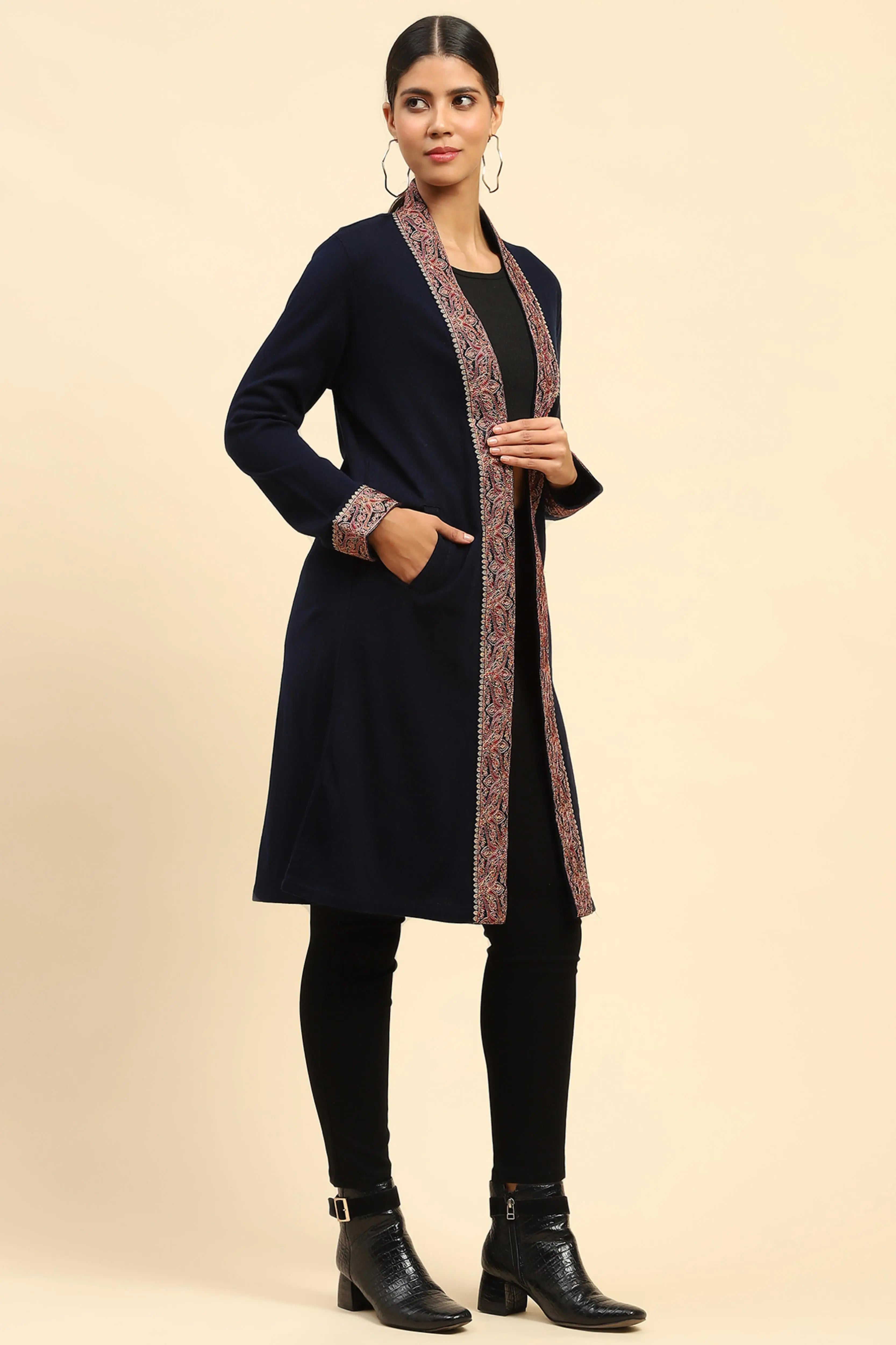 Navy Blue Woolen Thread Embroidered Front Open Ethnic Shrug - Global Republic