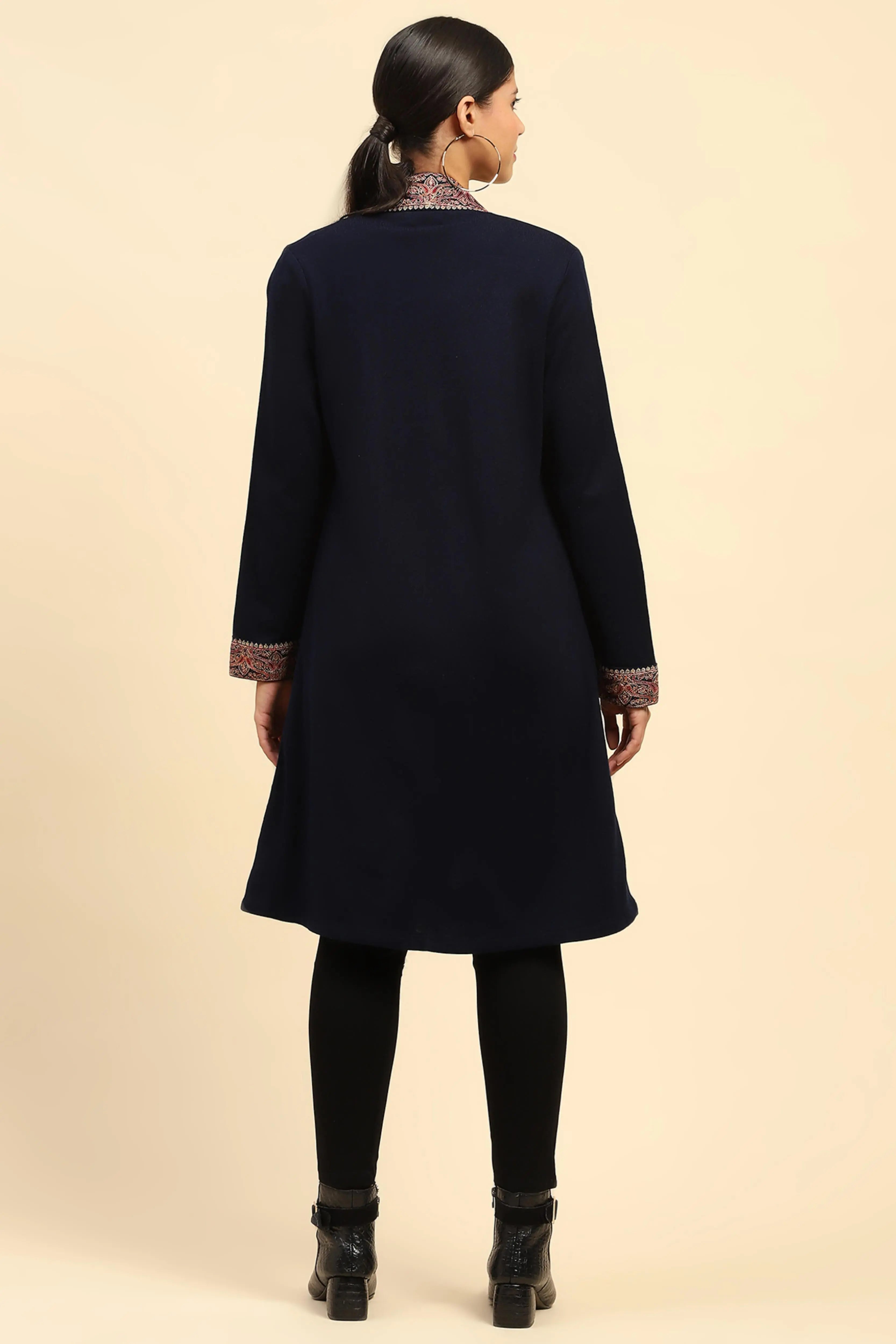 Navy Blue Woolen Thread Embroidered Front Open Ethnic Shrug - Global Republic