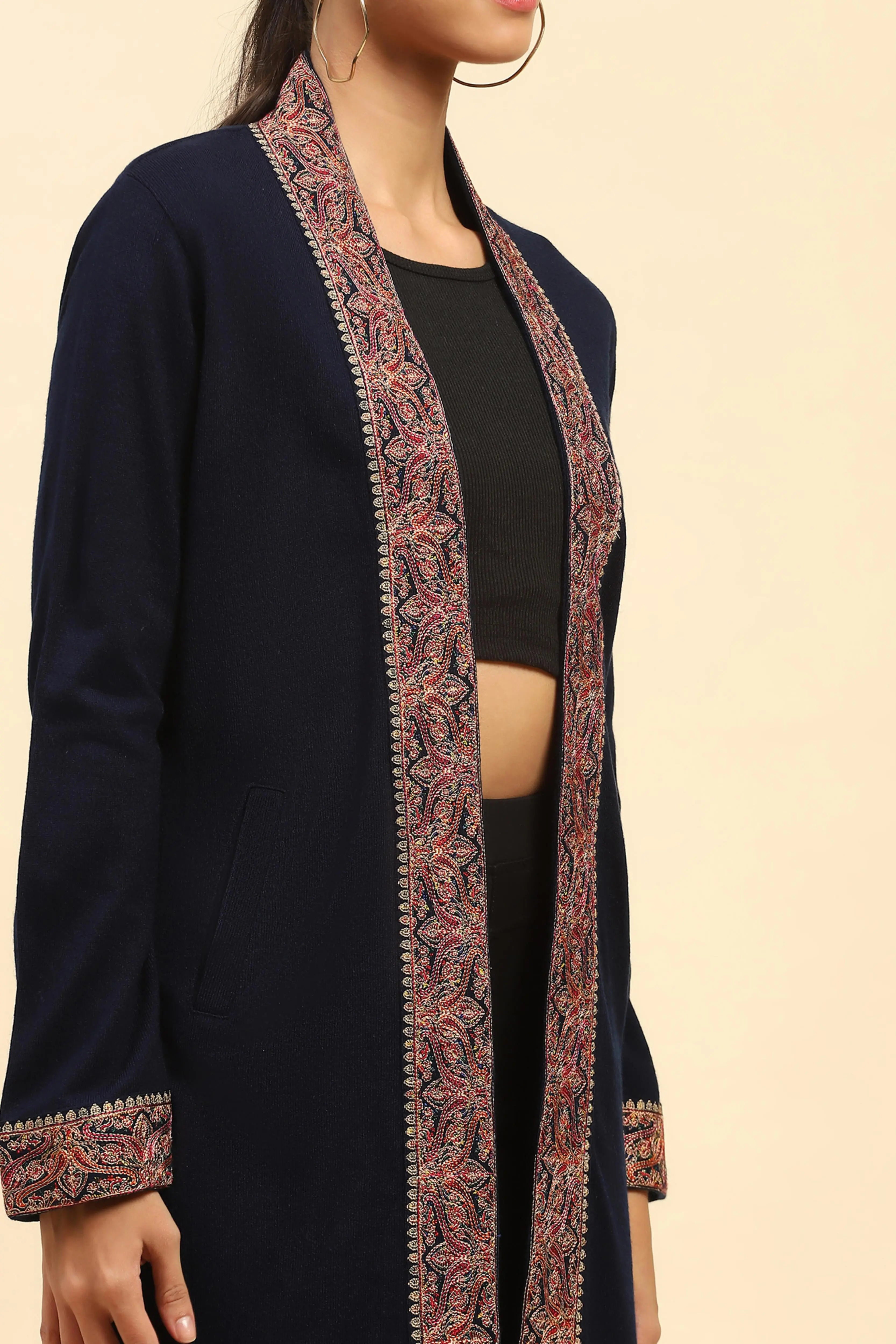 Navy Blue Woolen Thread Embroidered Front Open Ethnic Shrug - Global Republic