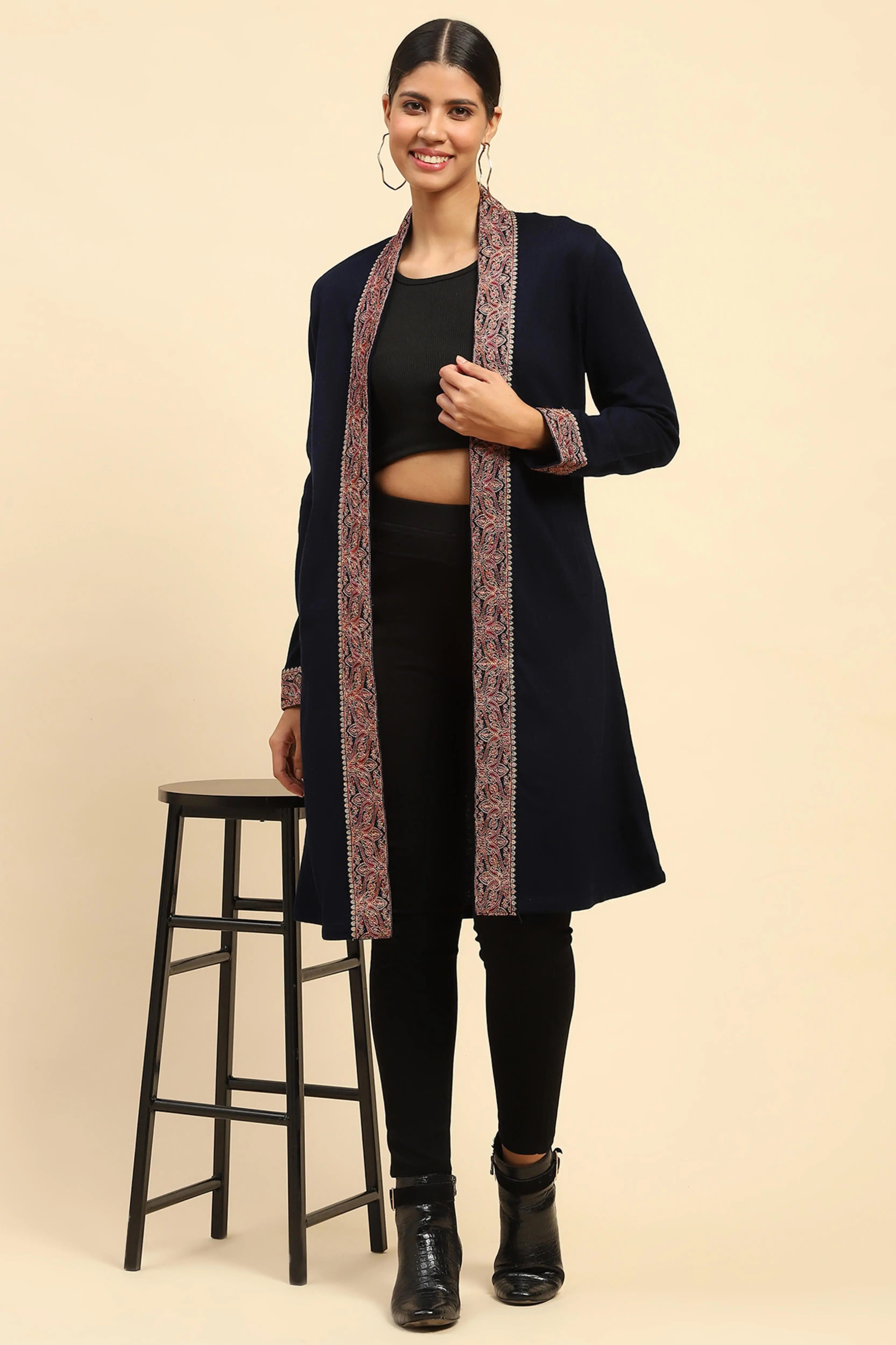 Navy Blue Woolen Thread Embroidered Front Open Ethnic Shrug - Global Republic