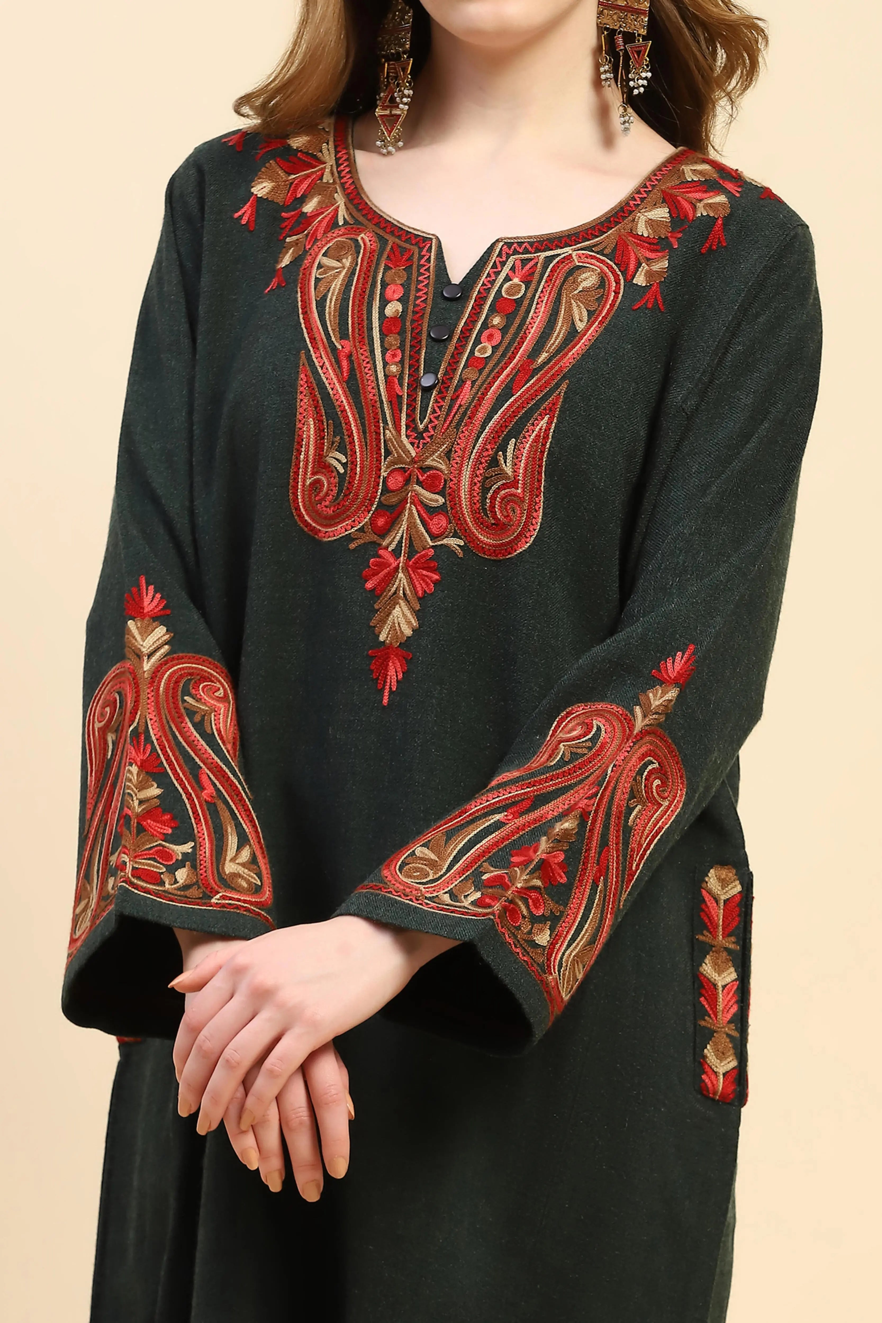Olive Woolen Thread Embroidered Notch Neck Kurta - Global Republic